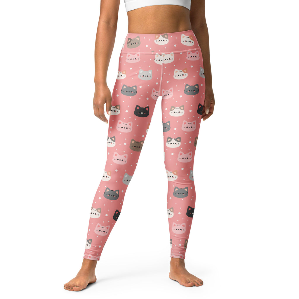 Women’s cute pink cat faces buttery soft high-waisted yoga leggings with playful gray white and black cartoon cats