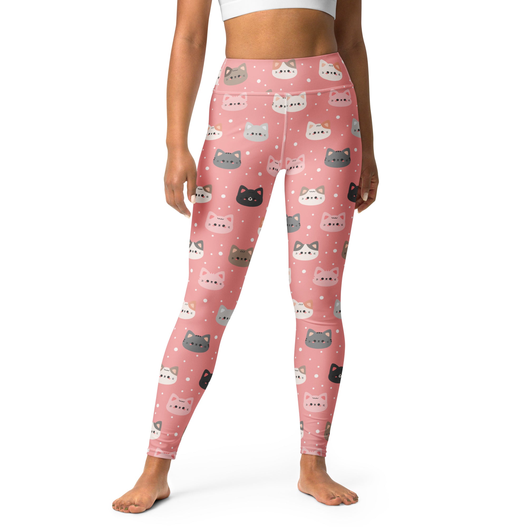 Women’s cute pink cat faces buttery soft high-waisted yoga leggings with playful gray white and black cartoon cats