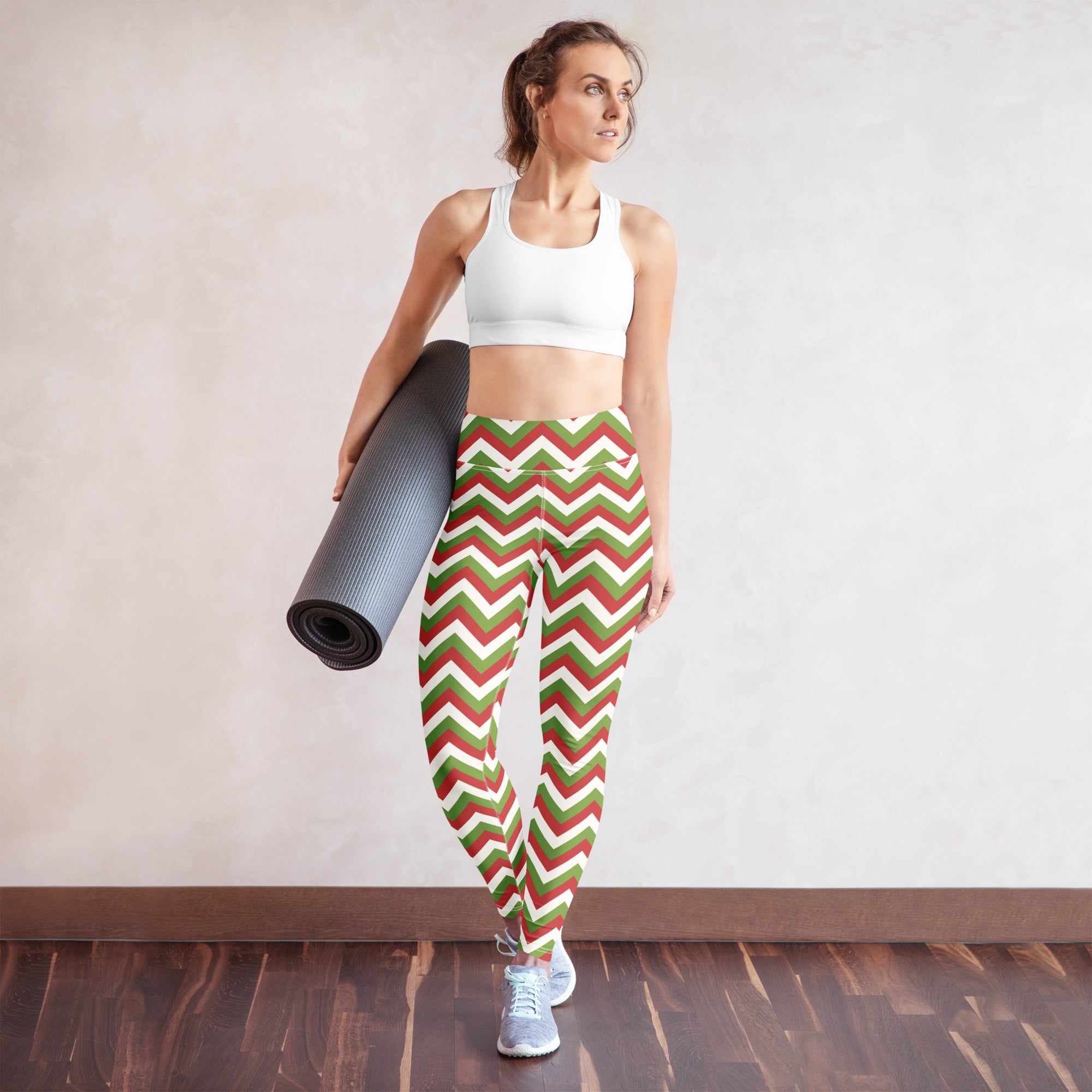 Women’s chevron christmas buttery soft high-waisted yoga leggings in red green and white pattern