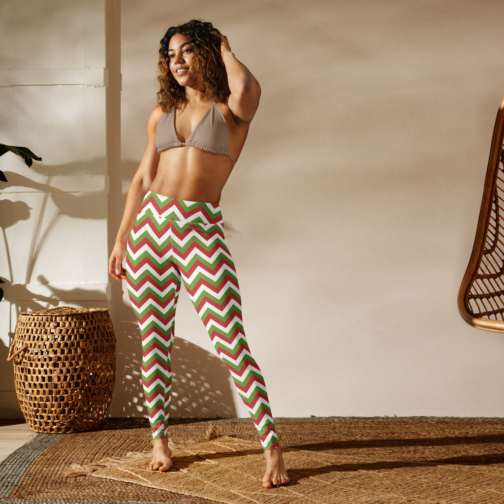 Women’s buttery soft yoga leggings with red green and white chevron pattern and high waist for christmas wear
