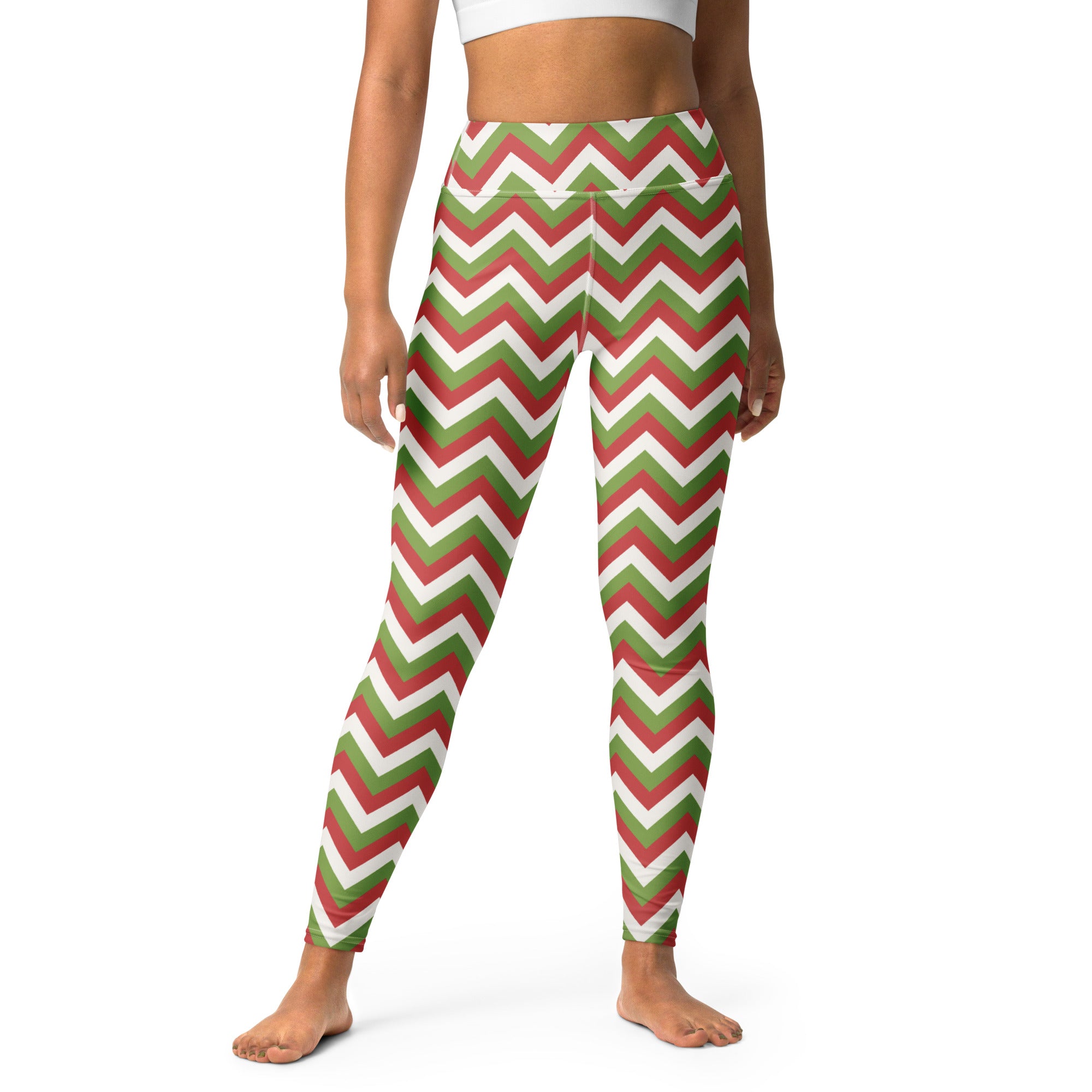 Women’s chevron Christmas high-waisted yoga leggings in red green and white buttery soft fabric