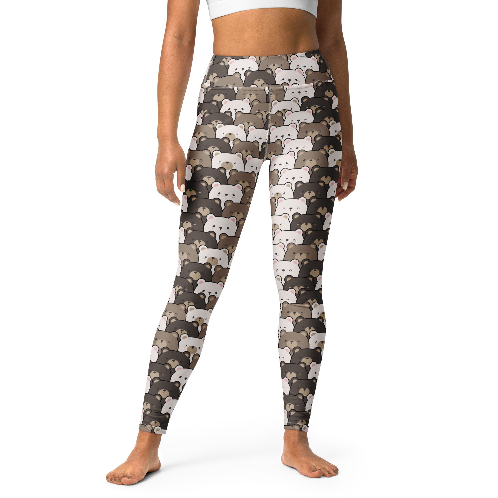 High-waisted women’s bear face buttery soft yoga leggings with a repeating pattern of white gray and brown cartoon bears