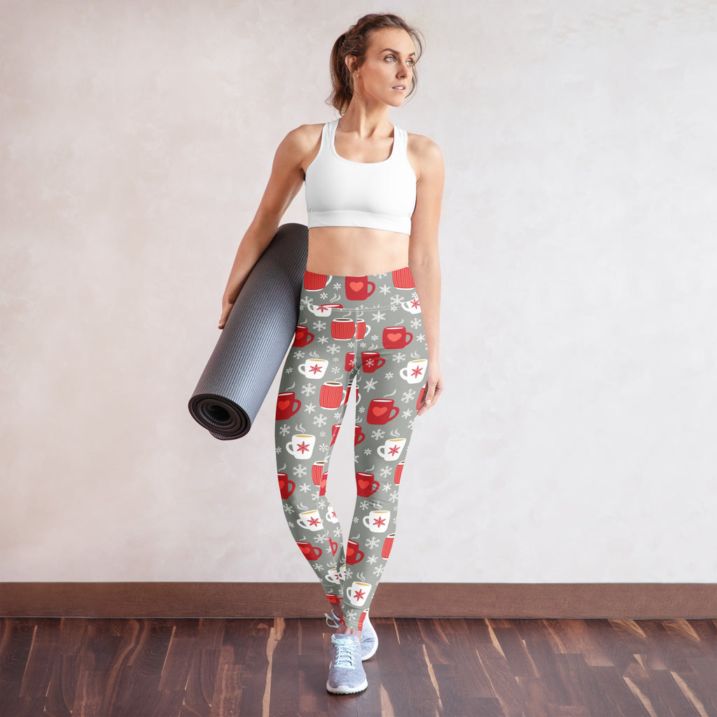 Women’s buttery soft gray yoga leggings with festive red and white coffee mugs and snowflakes pattern