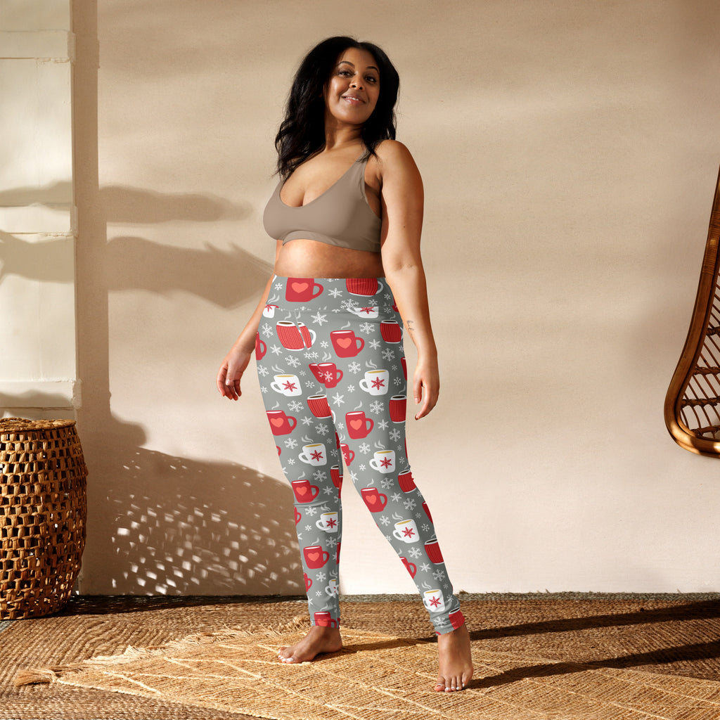 Women’s hot cocoa christmas buttery soft gray yoga leggings with festive red and white coffee mugs and snowflakes pattern