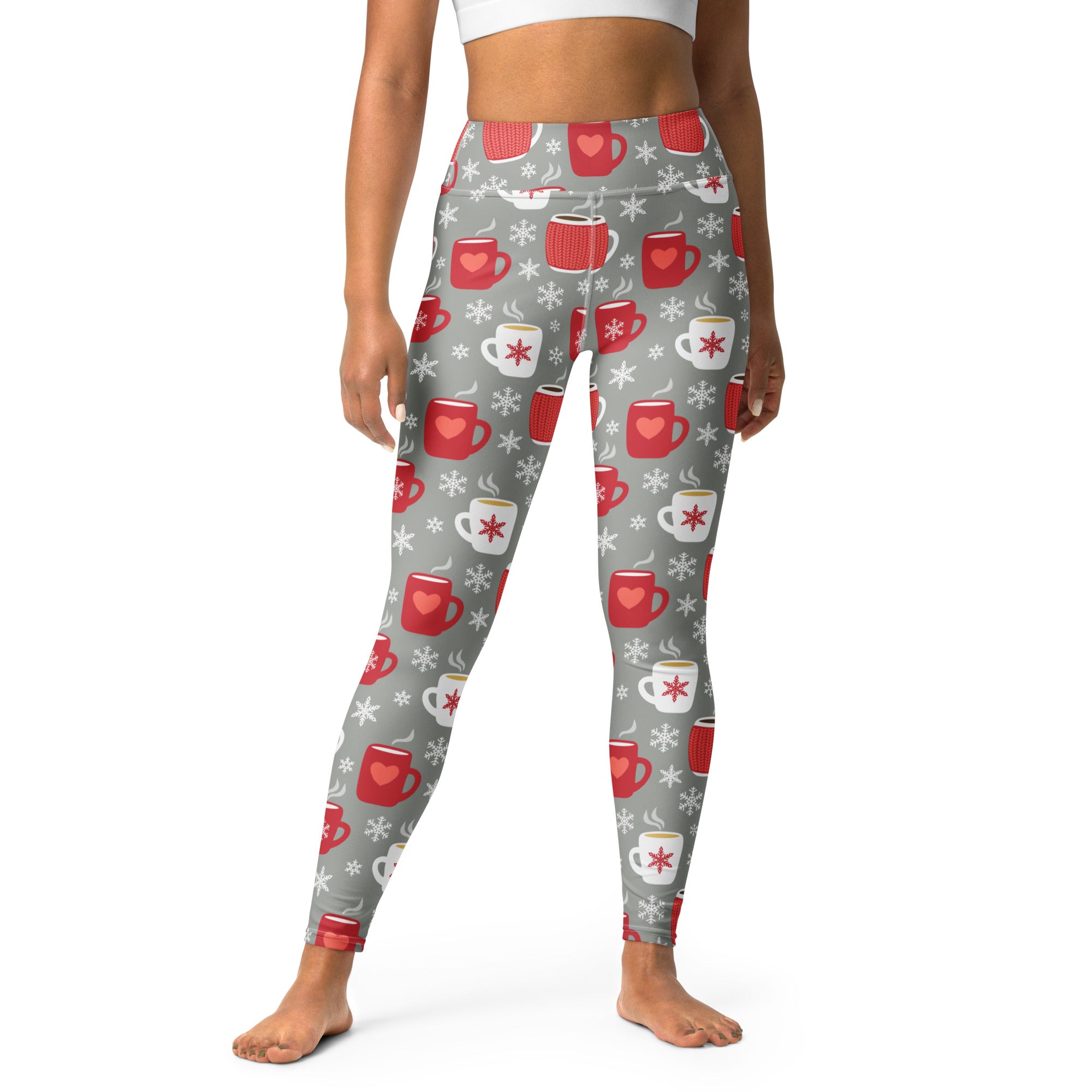 Women’s buttery soft gray yoga leggings with festive red and white mugs hearts and snowflakes pattern