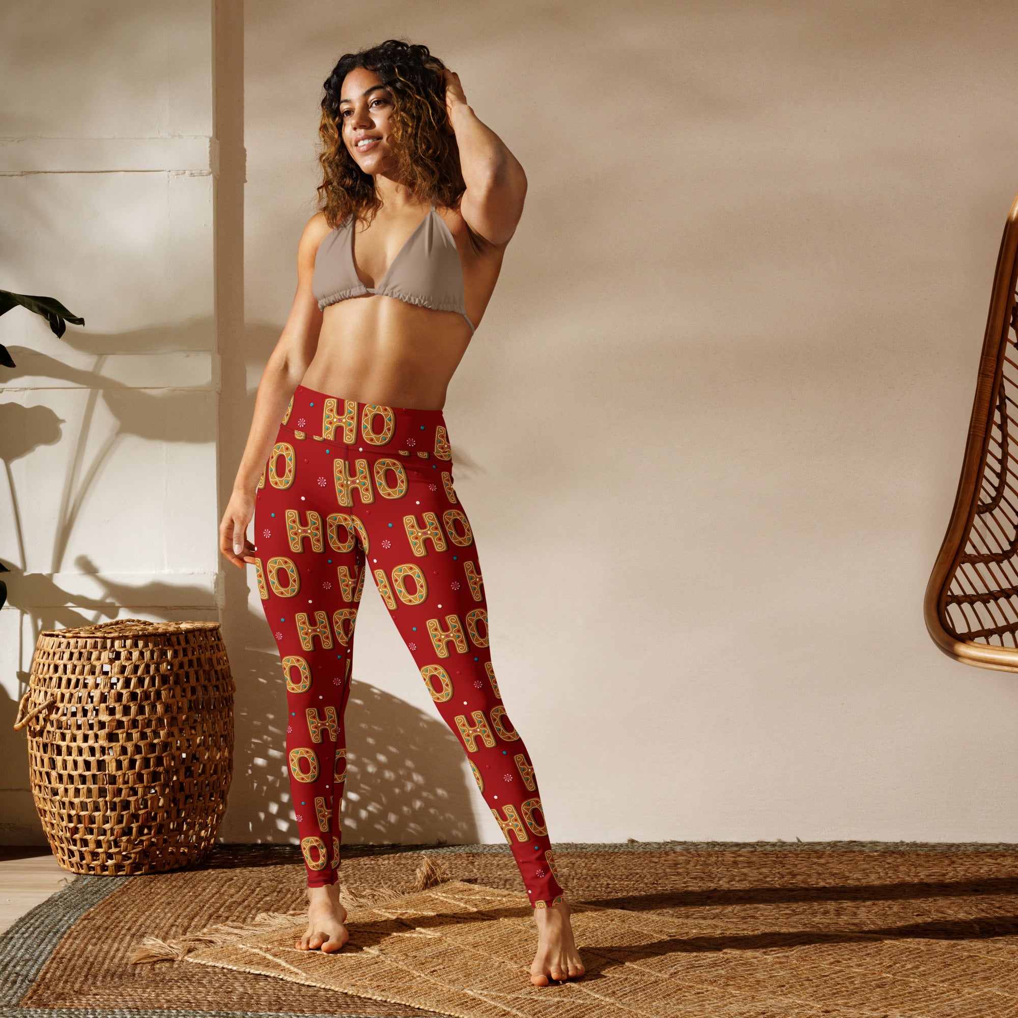 Women’s gingerbread ho ho ho christmas leggings in red with gold white festive pattern buttery soft stretchy fabric