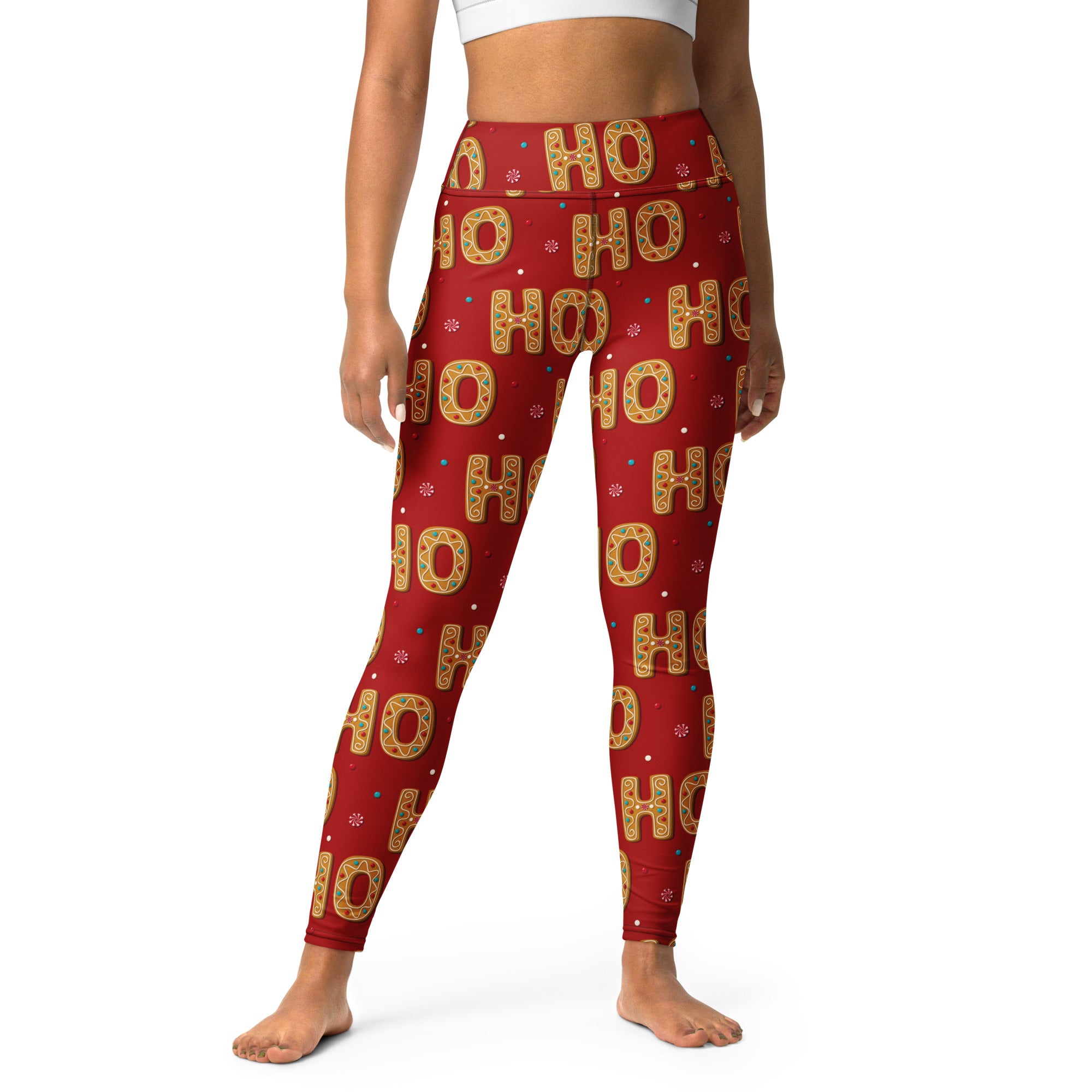 Women’s gingerbread red buttery soft yoga leggings with festive gold ho ho ho letters and small snowflake accents