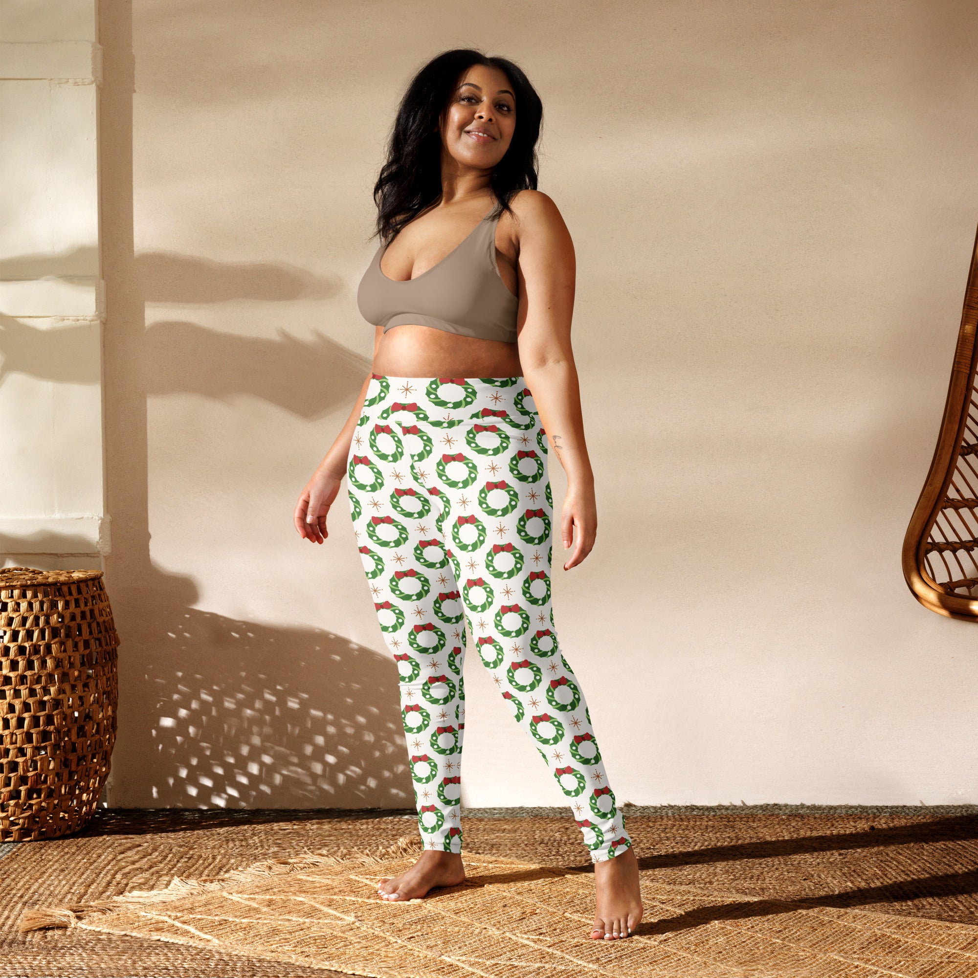 White buttery soft yoga leggings with green wreaths red bows and snowflakes for women christmas wear
