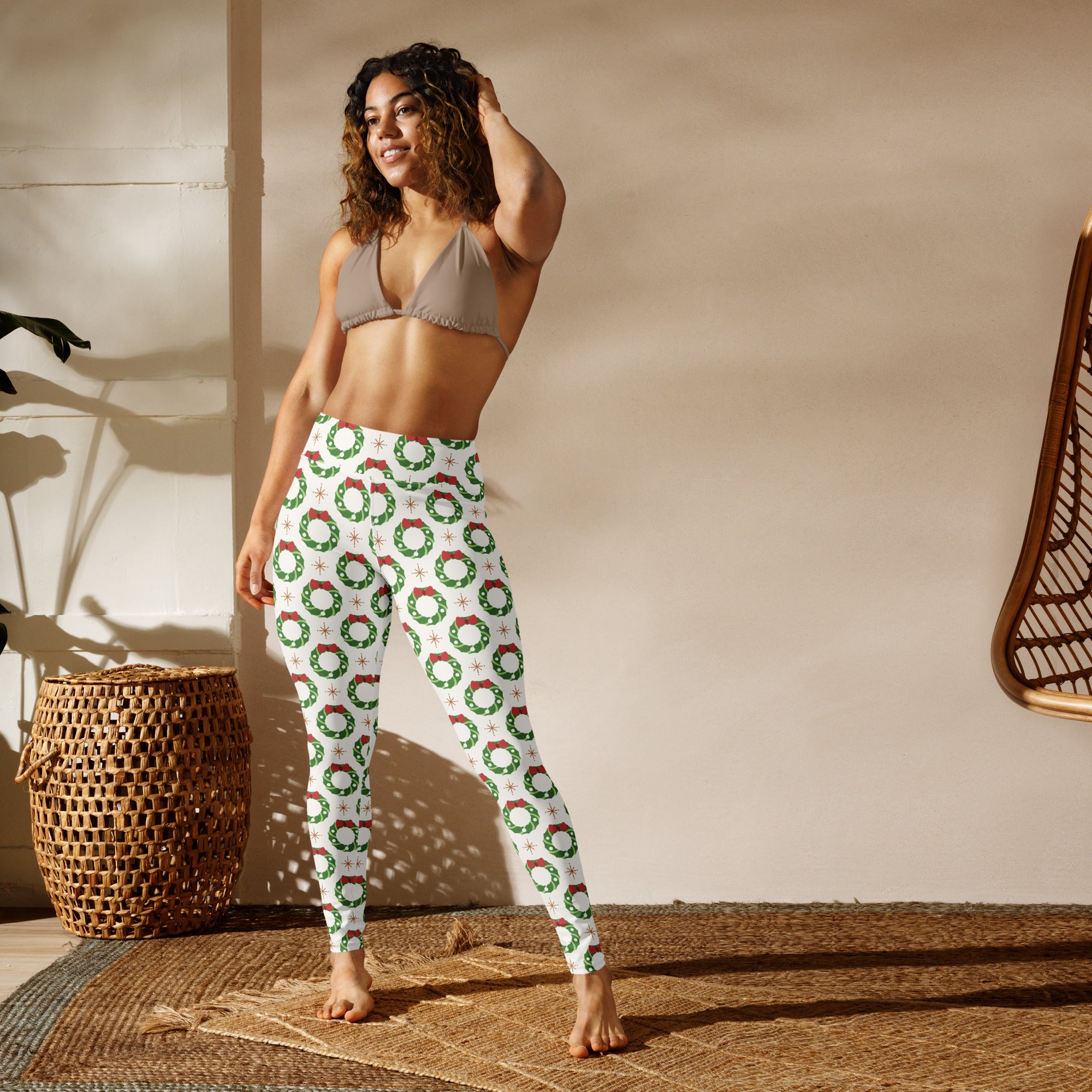 Women’s buttery soft white yoga leggings with green christmas wreaths red bows and star accents pattern
