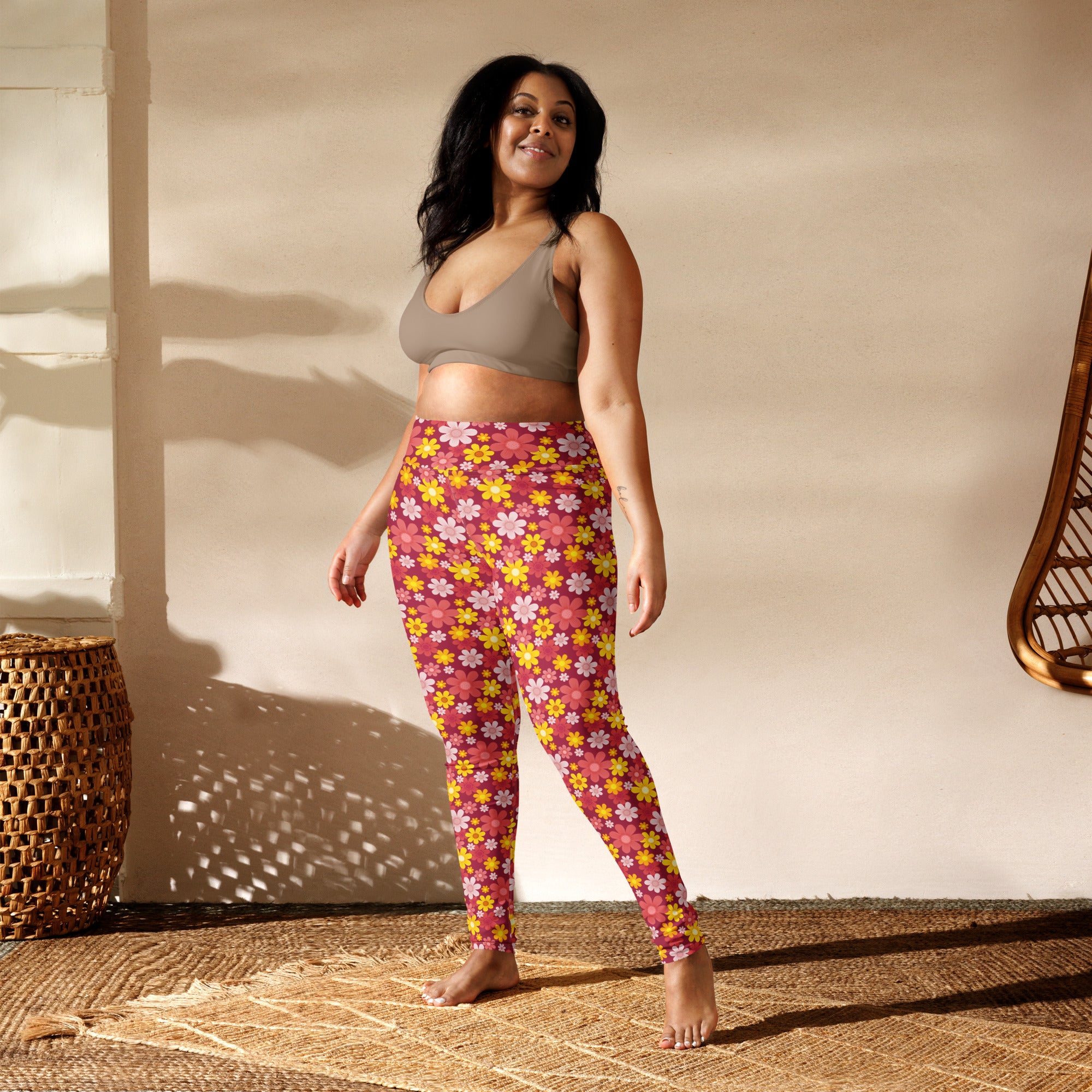 Women’s red floral buttery soft yoga leggings with vibrant pink and yellow high-waisted floral print