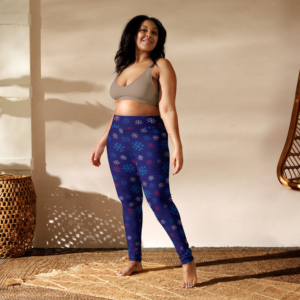 Women’s navy buttery soft yoga leggings with white light blue and pink snowflake pattern