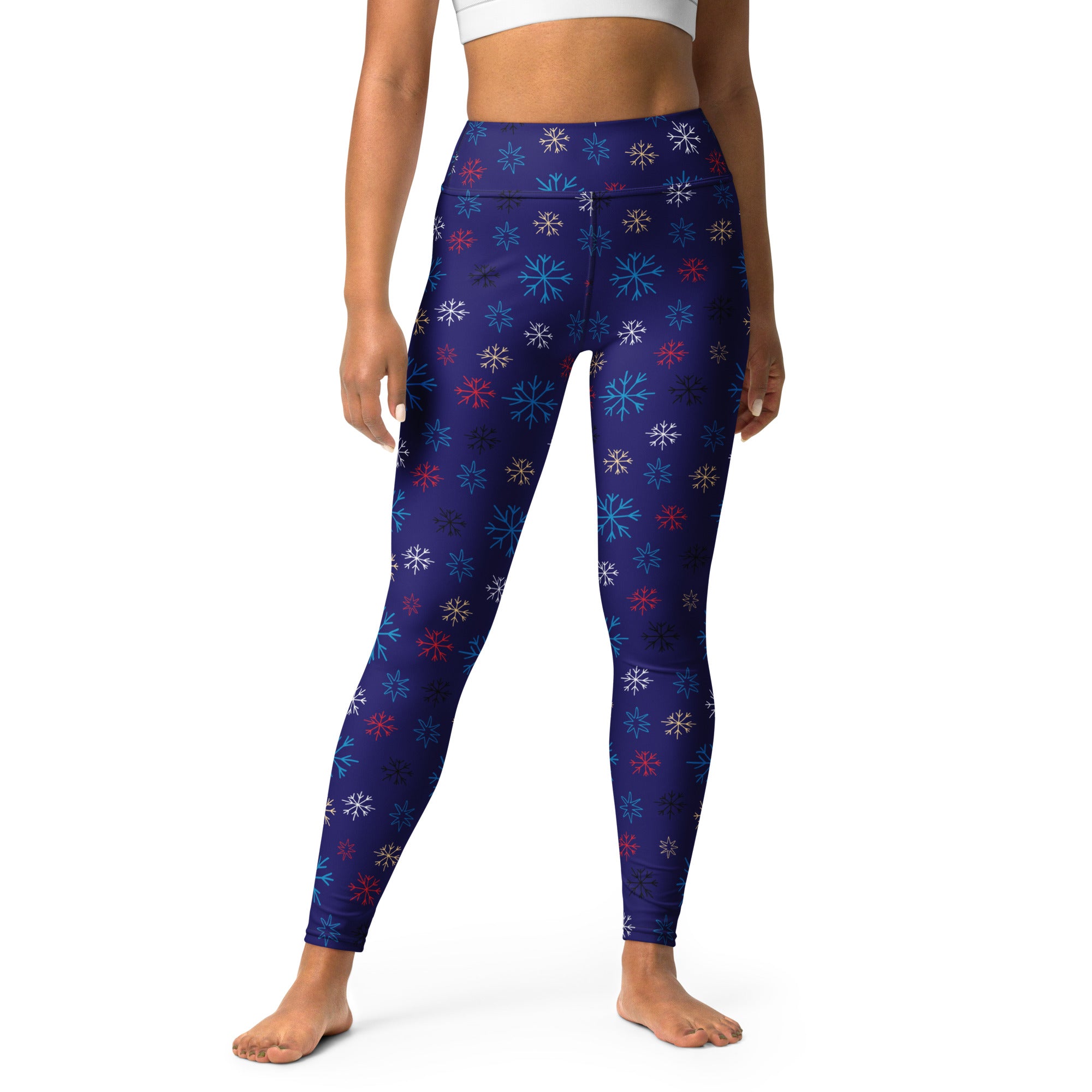 Women’s navy high-waisted buttery soft yoga leggings with vibrant red white and light blue snowflake pattern