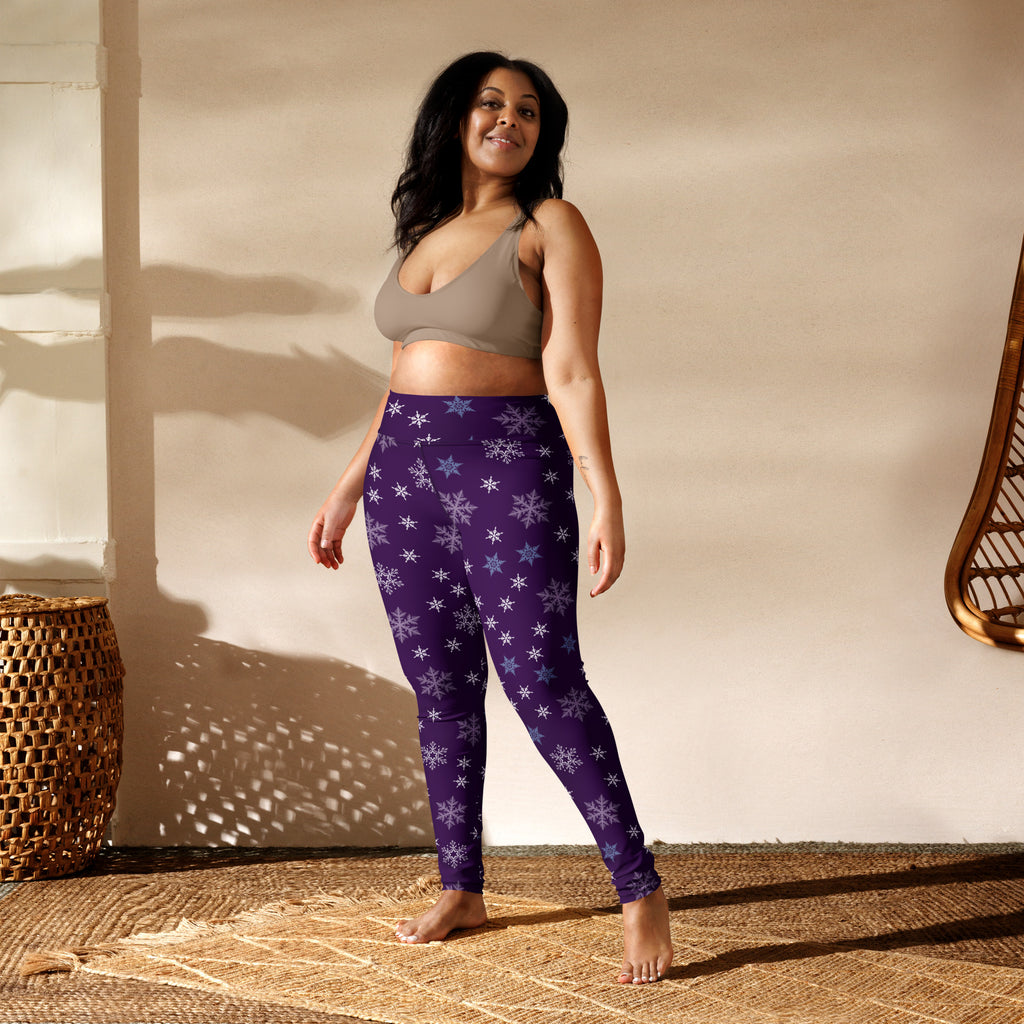 Women’s purple snowflake buttery soft yoga leggings with white and light blue snowflake pattern