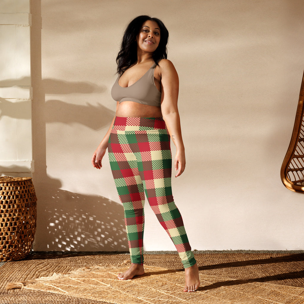 Women’s plaid christmas buttery soft yoga leggings in red green and cream with high waistband and soft fabric