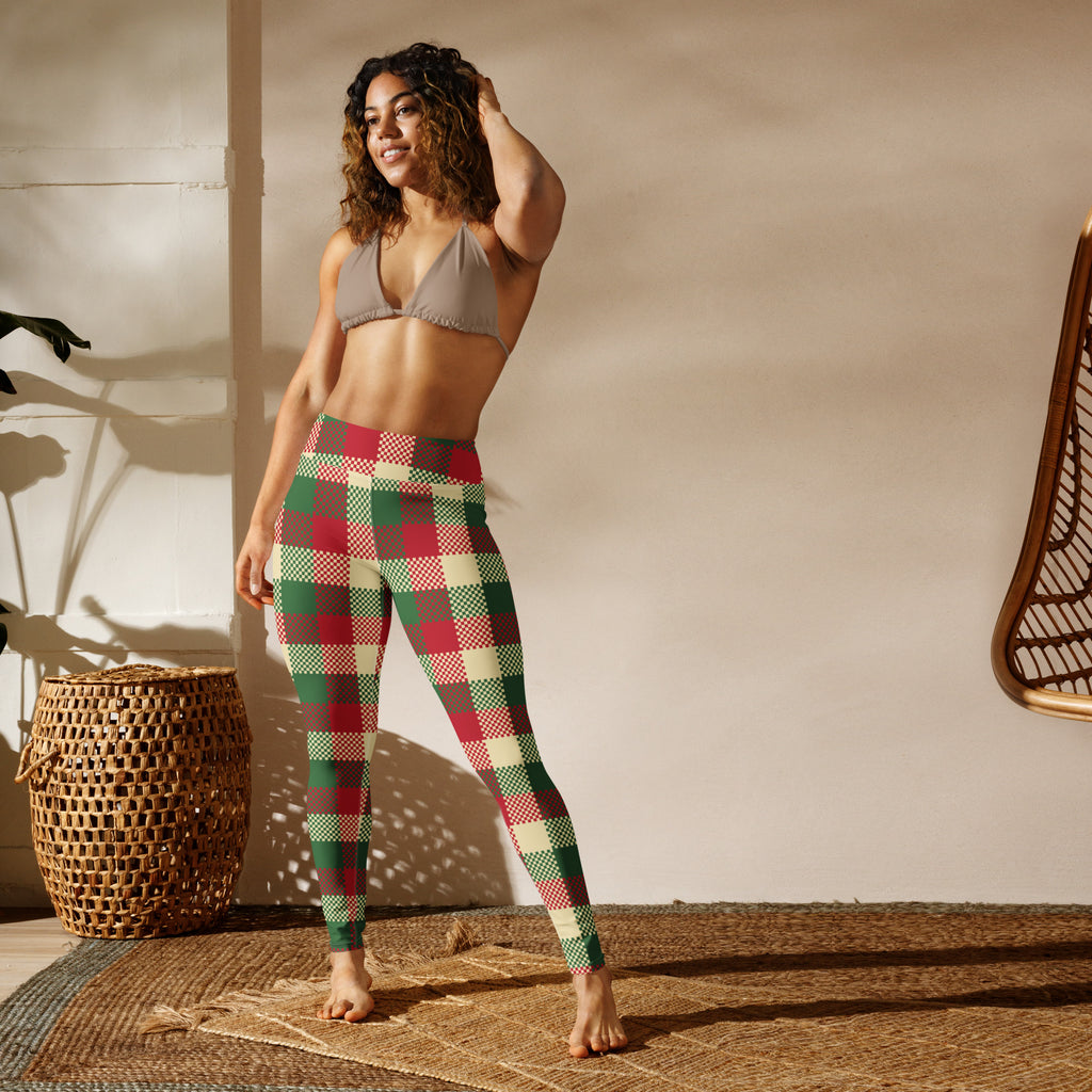 Women’s plaid christmas buttery soft yoga leggings in red green and cream high-waisted pattern close-up view