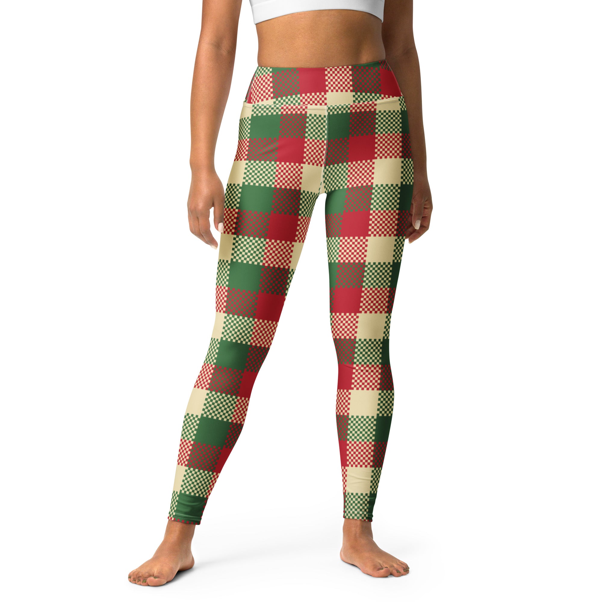 Women’s plaid christmas buttery soft yoga leggings in red green and beige high waisted checkered pattern
