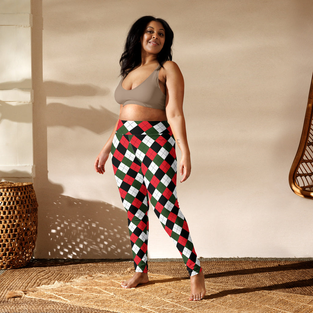 Women’s argyle christmas buttery soft high-waisted yoga leggings with red green and white pattern