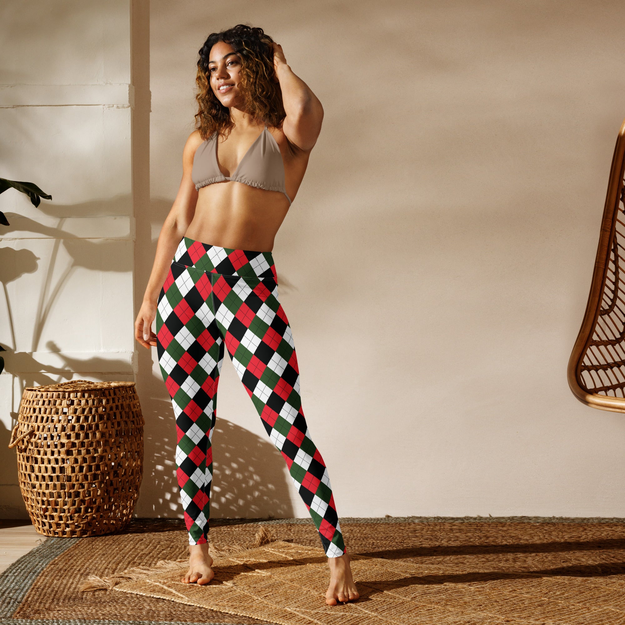 Women’s argyle Christmas buttery soft high-waisted yoga leggings with red green and white pattern
