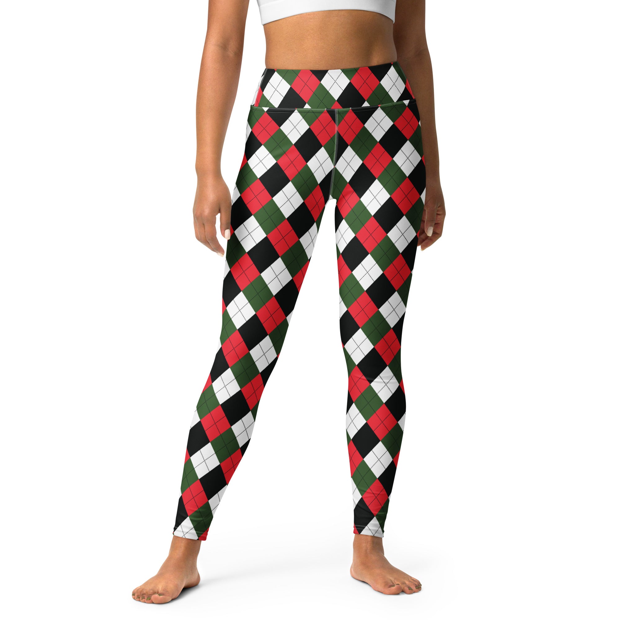 Women’s buttery soft high-waisted yoga leggings with red green black and white argyle pattern for christmas wear
