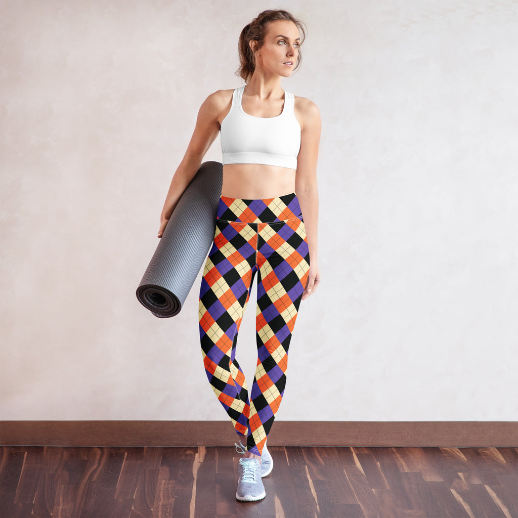 Women’s Halloween argyle buttery soft high-waisted yoga leggings in vibrant orange purple black and cream colors