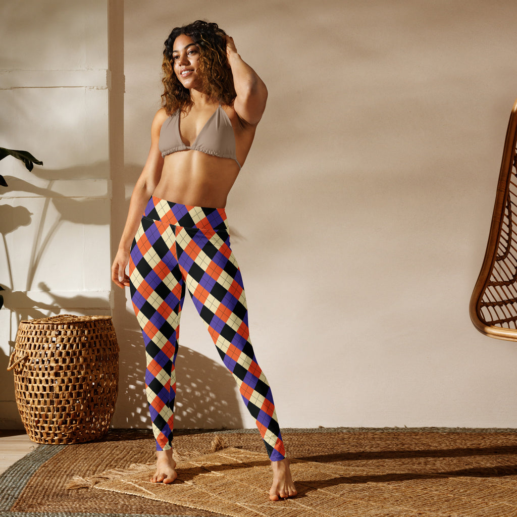 High-waisted women’s Halloween argyle yoga leggings in orange purple black and cream buttery soft fabric