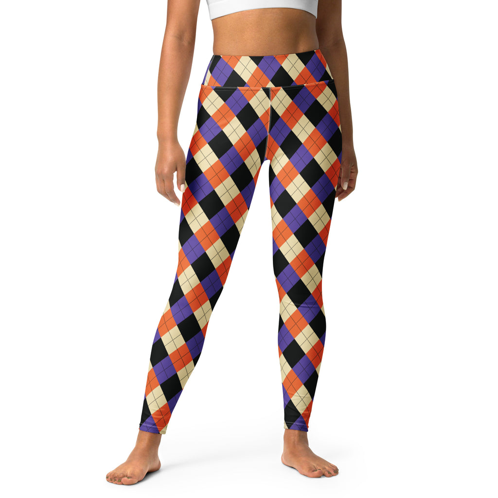 High-waisted women’s halloween argyle buttery soft yoga leggings with bold orange purple black and cream pattern