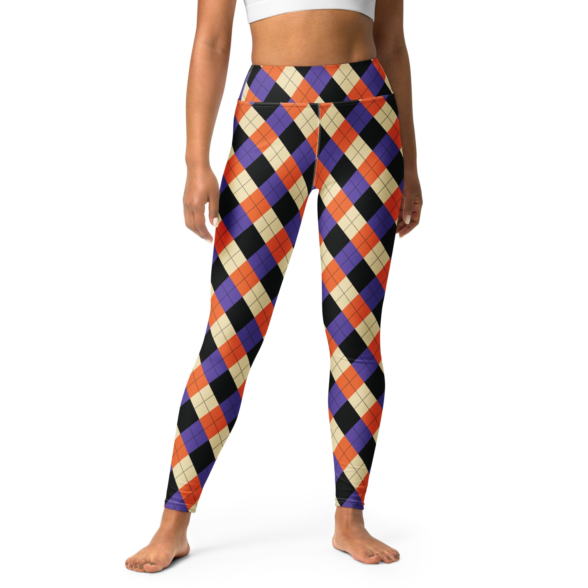 High-waisted women’s halloween argyle buttery soft yoga leggings with bold orange purple black and cream pattern