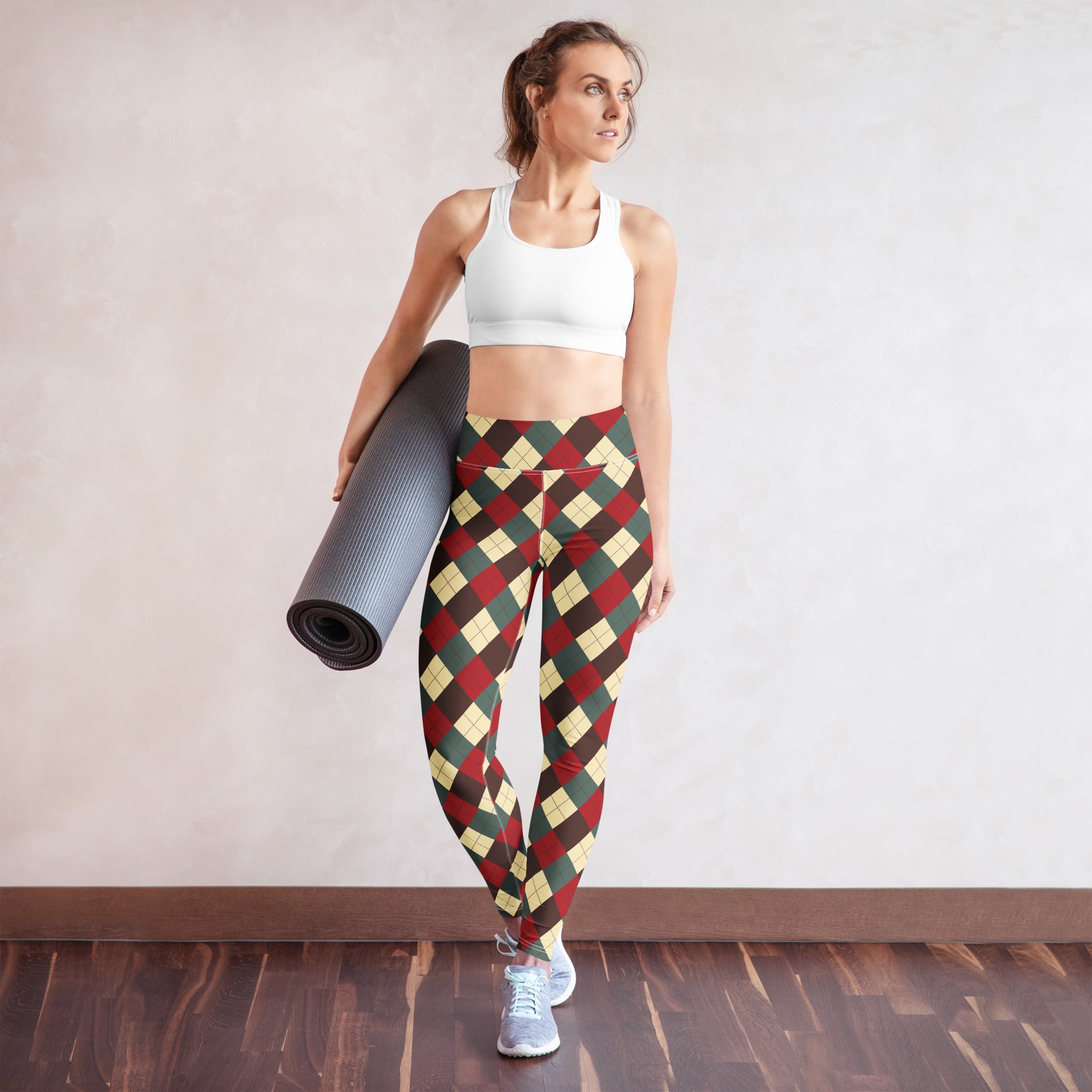 Women’s christmas themed high waisted yoga leggings with red green cream argyle pattern made of buttery soft fabric