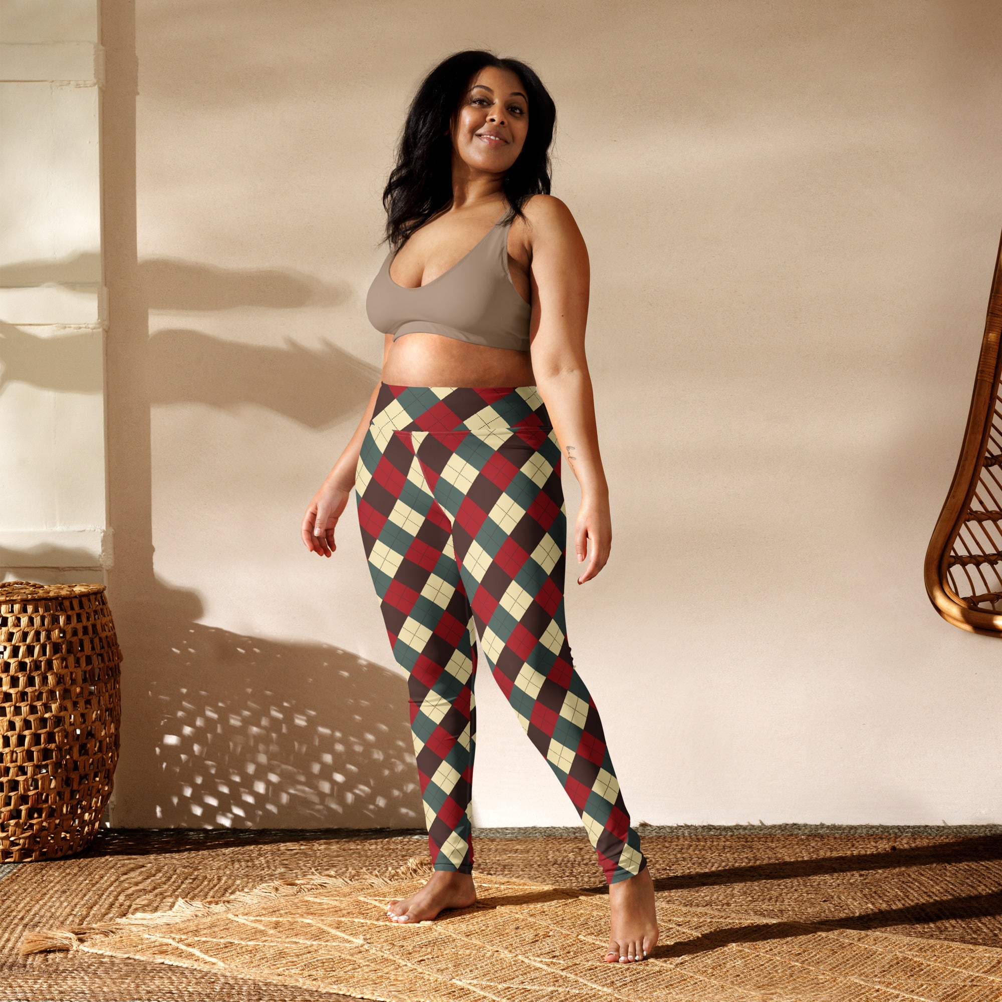 Women’s christmas themed argyle buttery soft yoga leggings in red green and cream with a classic argyle pattern