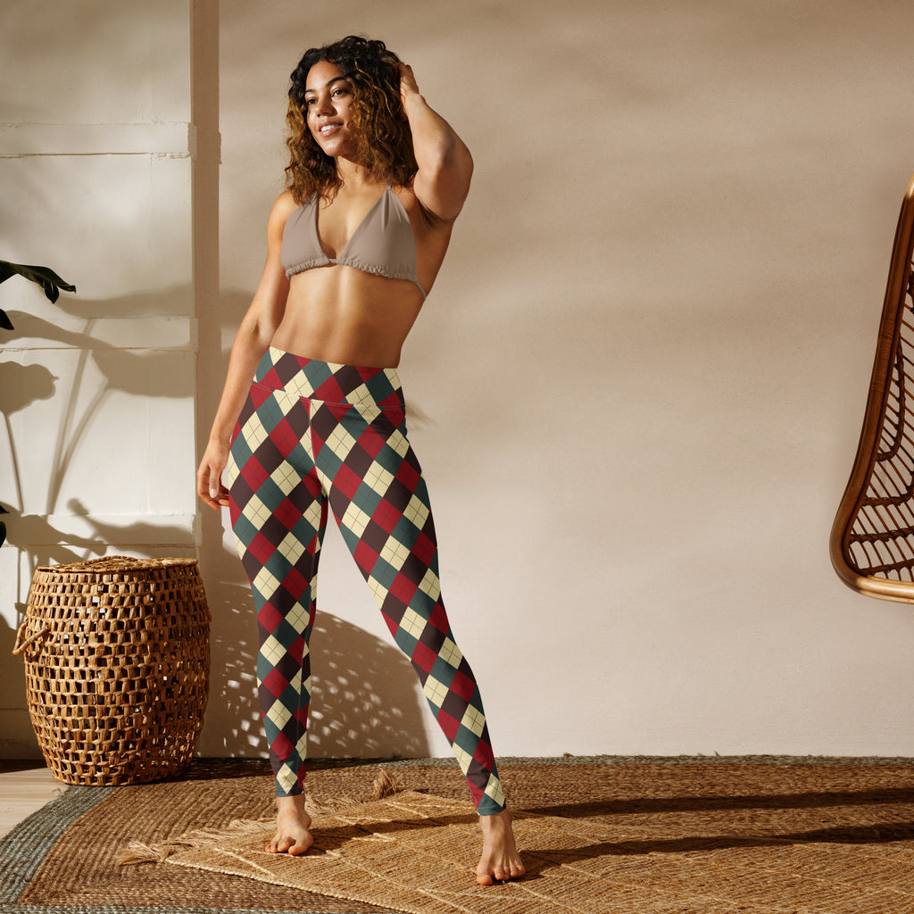 Women’s Christmas themed high-waisted buttery soft yoga leggings with bold maroon teal and cream argyle pattern