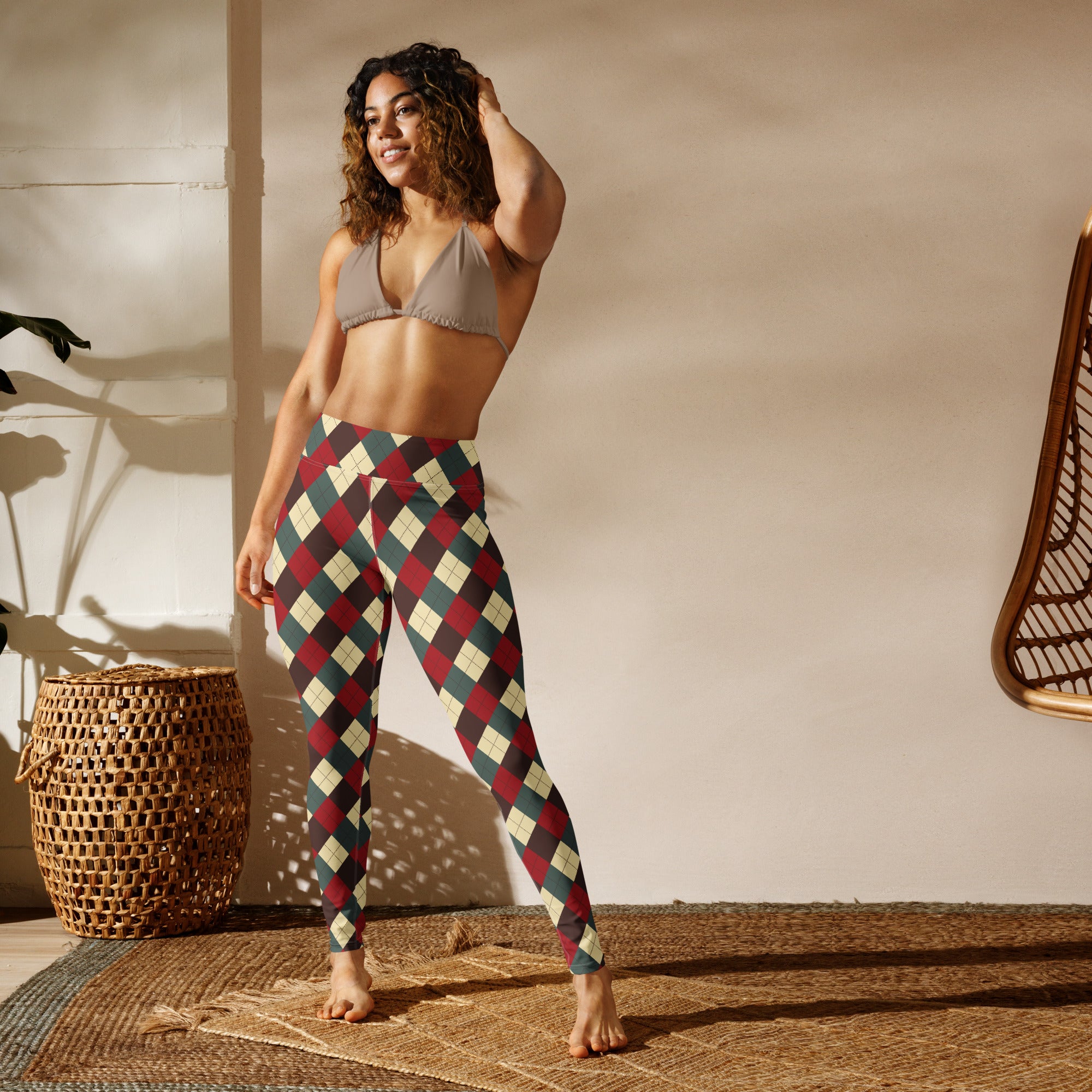 Women’s Christmas themed high-waisted buttery soft yoga leggings with bold maroon teal and cream argyle pattern