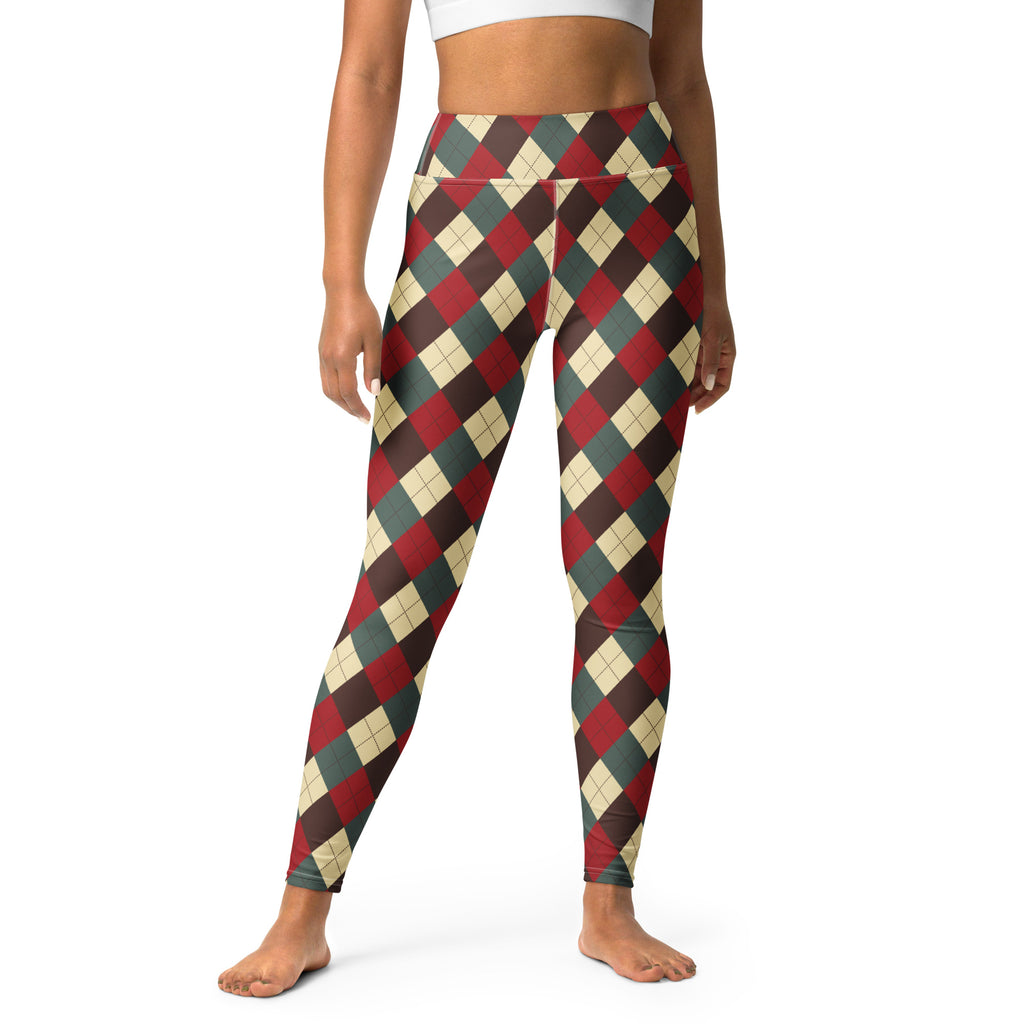 Women’s christmas themed argyle high waisted leggings in red green and cream buttery soft fabric for yoga