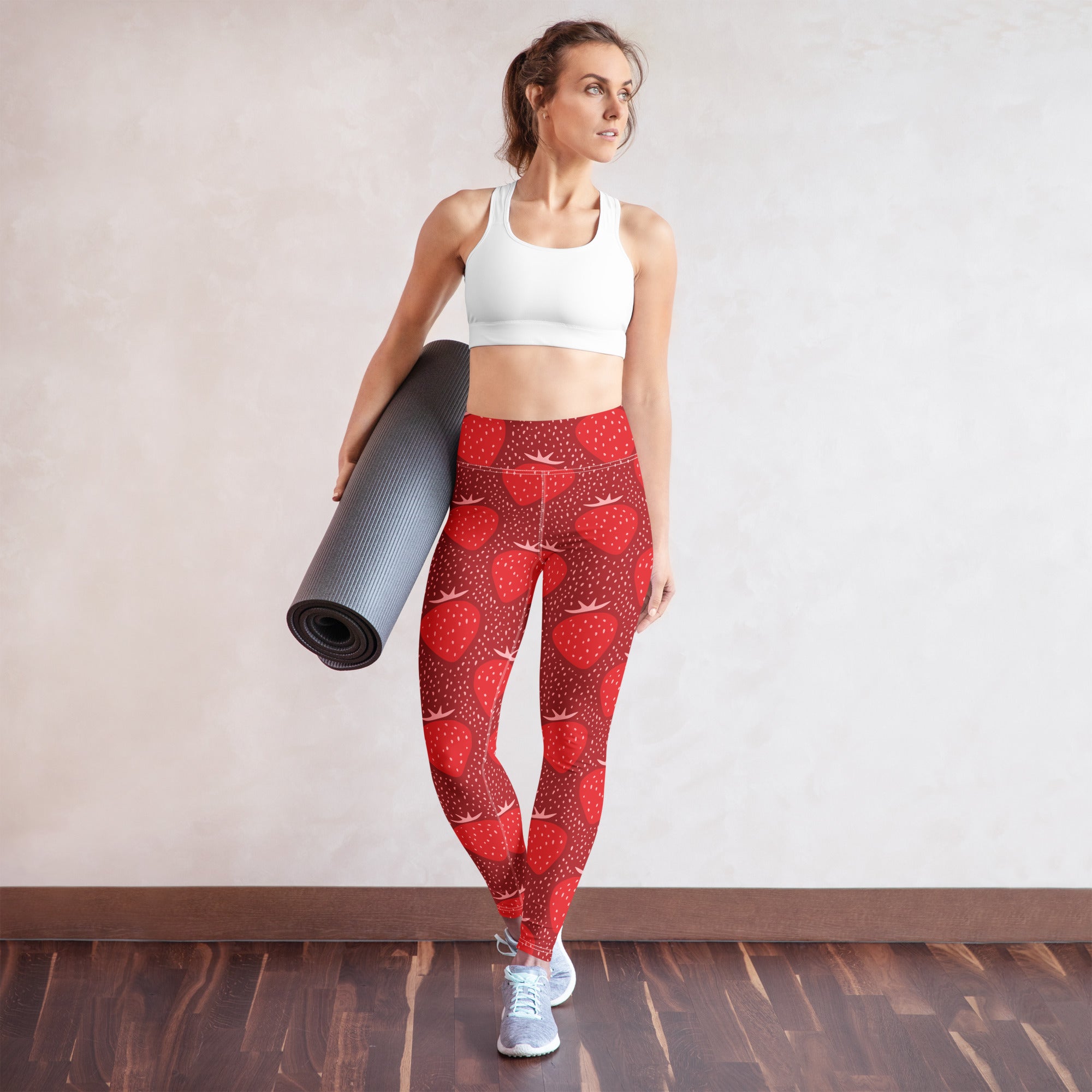 Women’s red strawberry patterned high waisted buttery soft yoga leggings with white polka dots