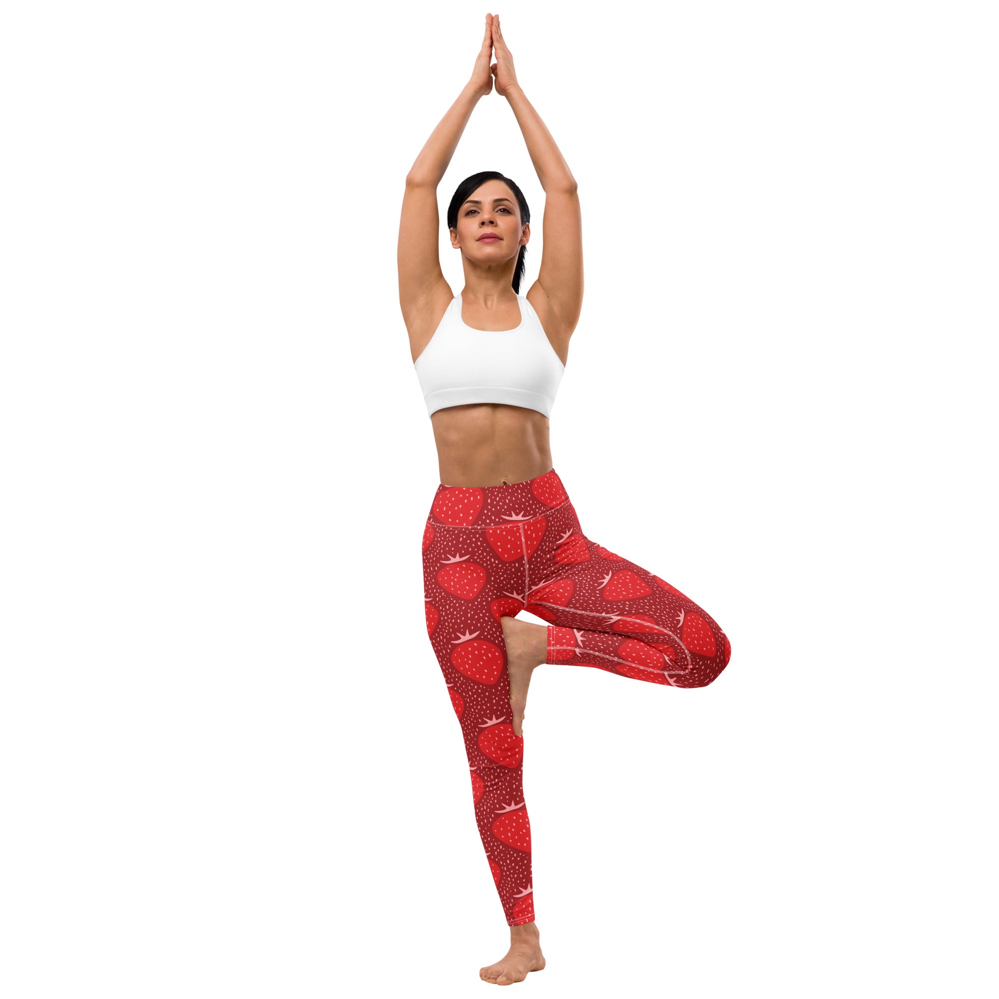 Women’s buttery soft high-waisted yoga leggings in red with strawberry pattern perfect for workouts