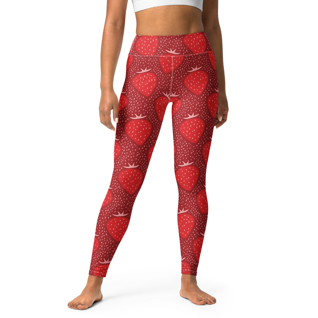Red strawberry patterned high-waisted buttery soft yoga leggings with a subtle dotted texture for women
