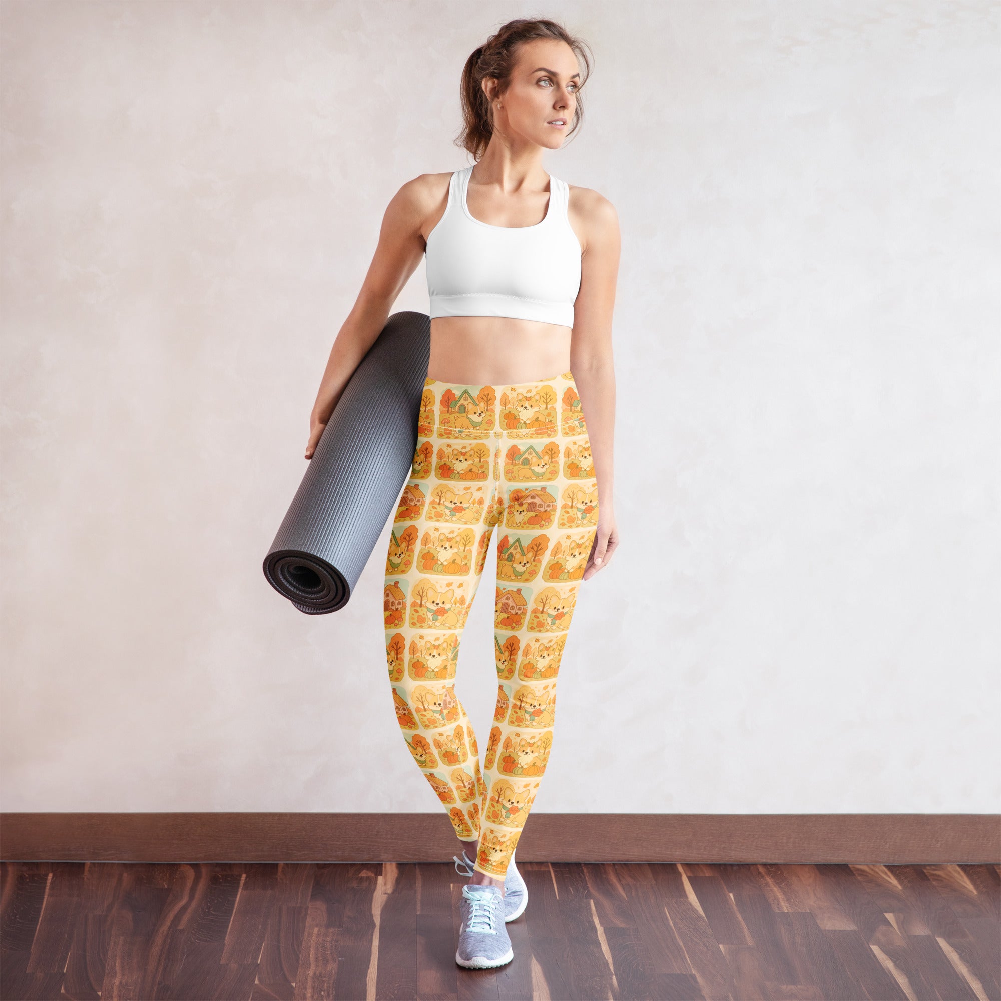 Women’s fall corgi buttery soft yellow yoga leggings with a repeating pattern of cute cartoon shiba inu dogs