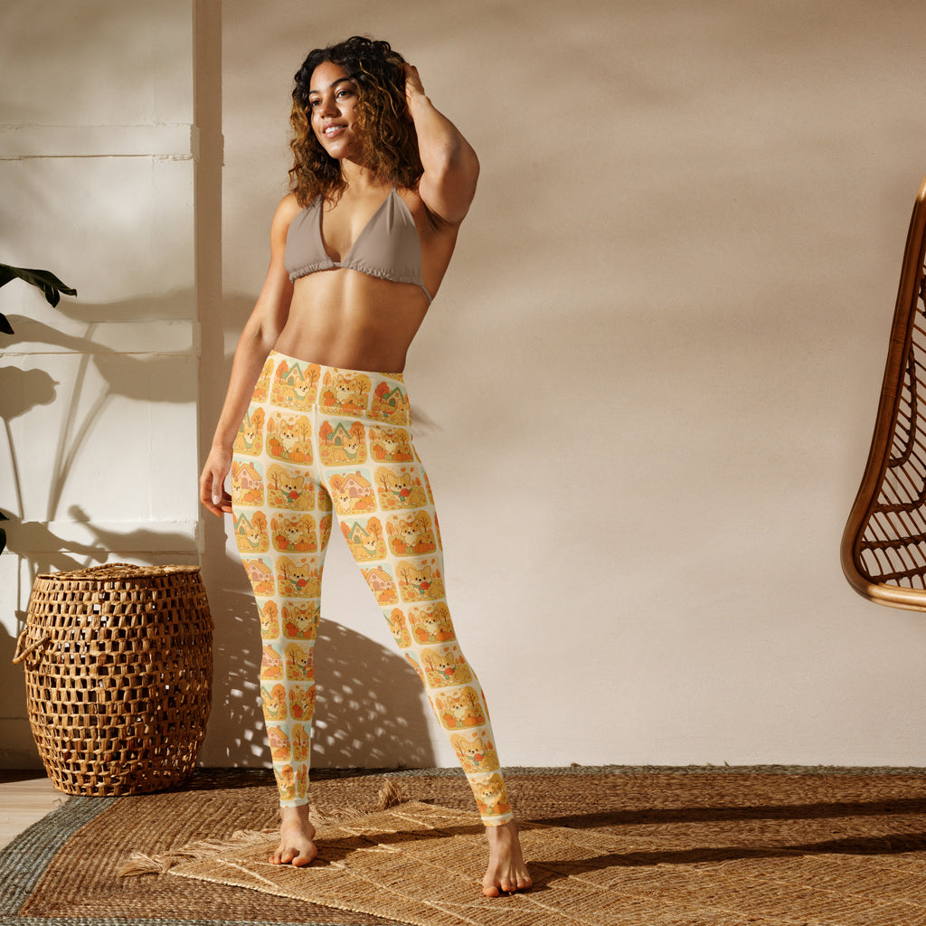 High-waisted women’s fall corgi buttery soft yoga leggings with orange and beige cartoon foxes on off-white fabric