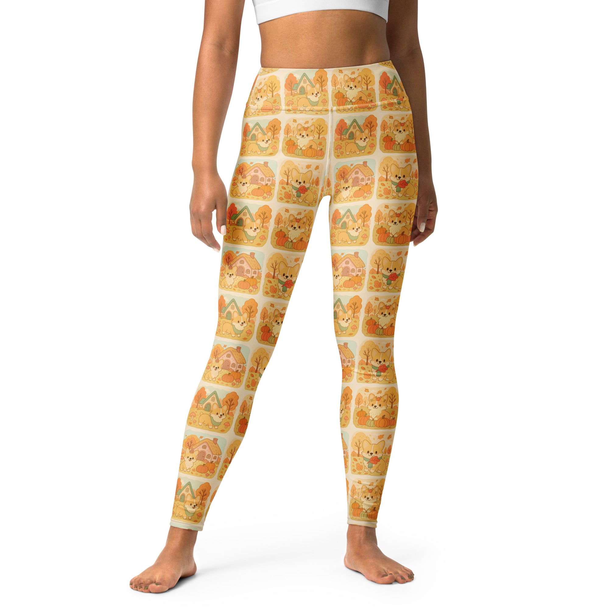 Women’s fall corgi buttery soft cream leggings with cute fox and autumn house pattern for yoga and casual wear