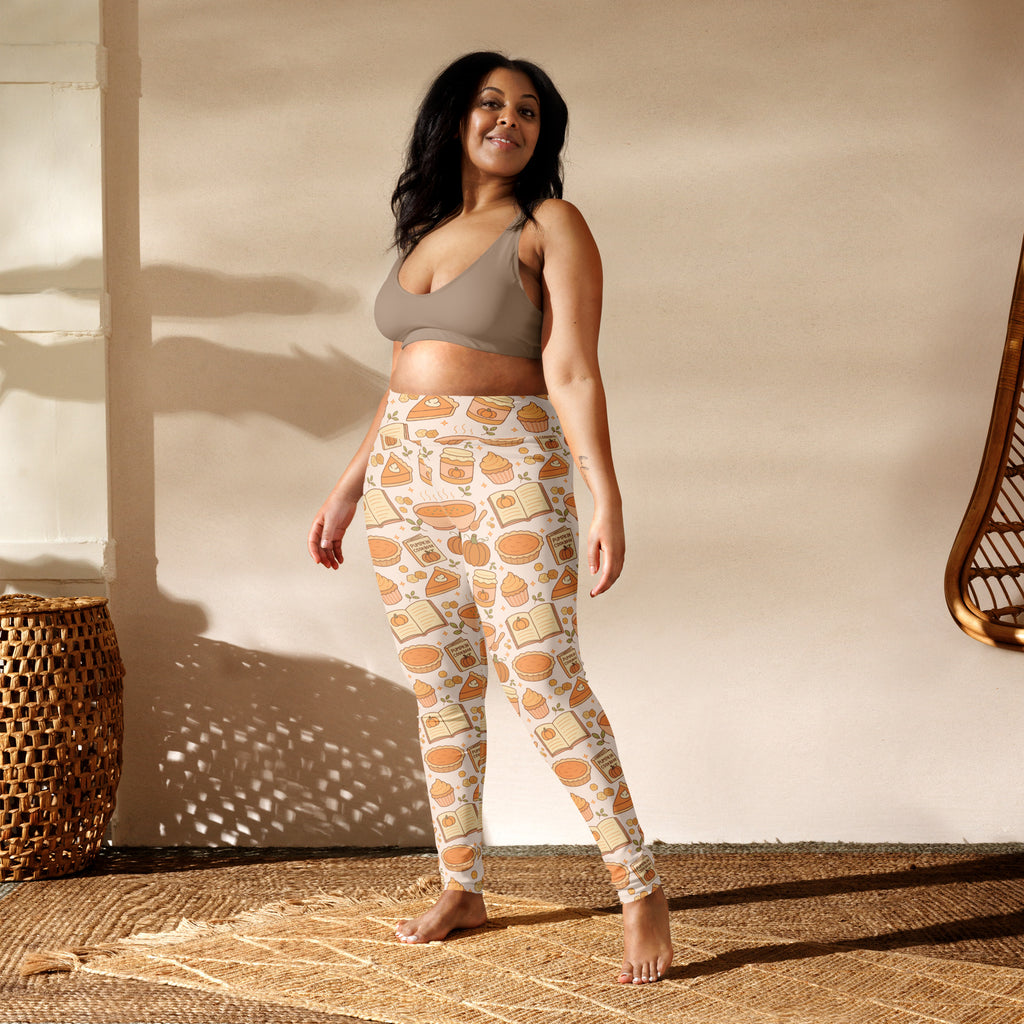 Women’s pumpkin pie themed white buttery soft yoga leggings with playful pancake book and toast pattern