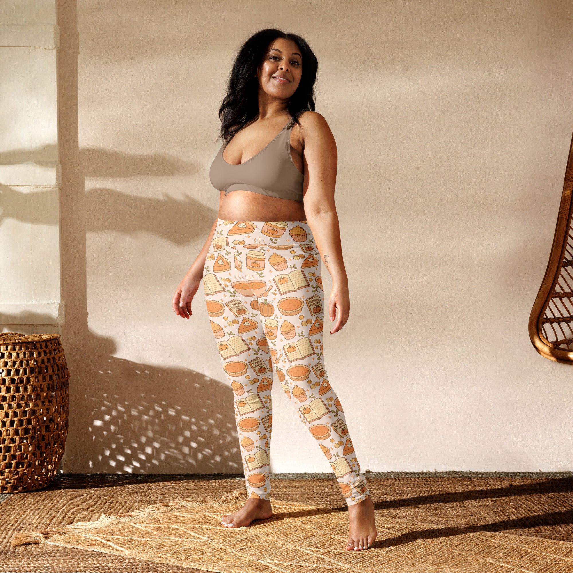Women’s pumpkin pie themed white buttery soft yoga leggings with playful pancake book and toast pattern