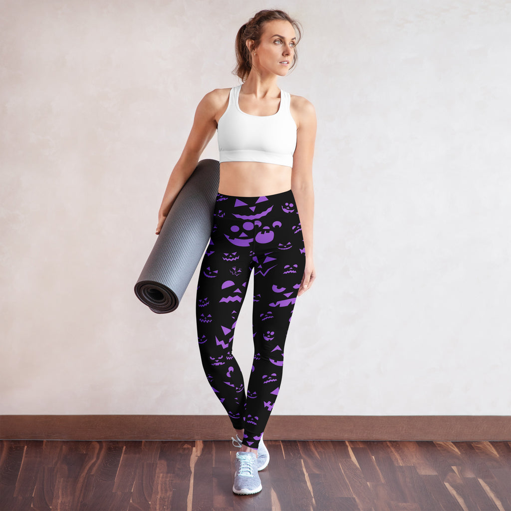 Women’s purple jack-o-lantern faces halloween buttery soft black yoga leggings with printed bats and pumpkins