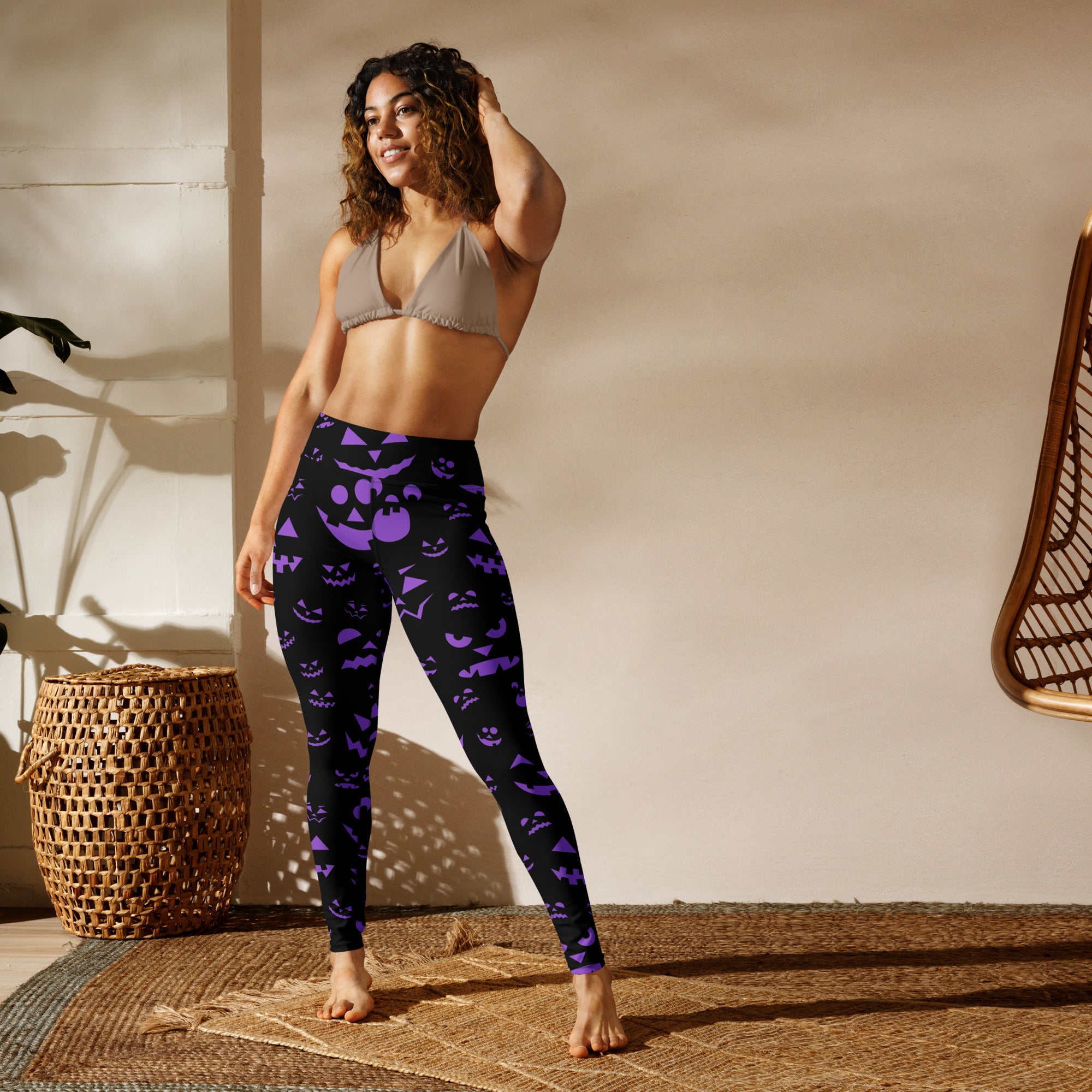 Women’s black leggings with vibrant purple jack o lantern and bat halloween pattern buttery soft yoga pants