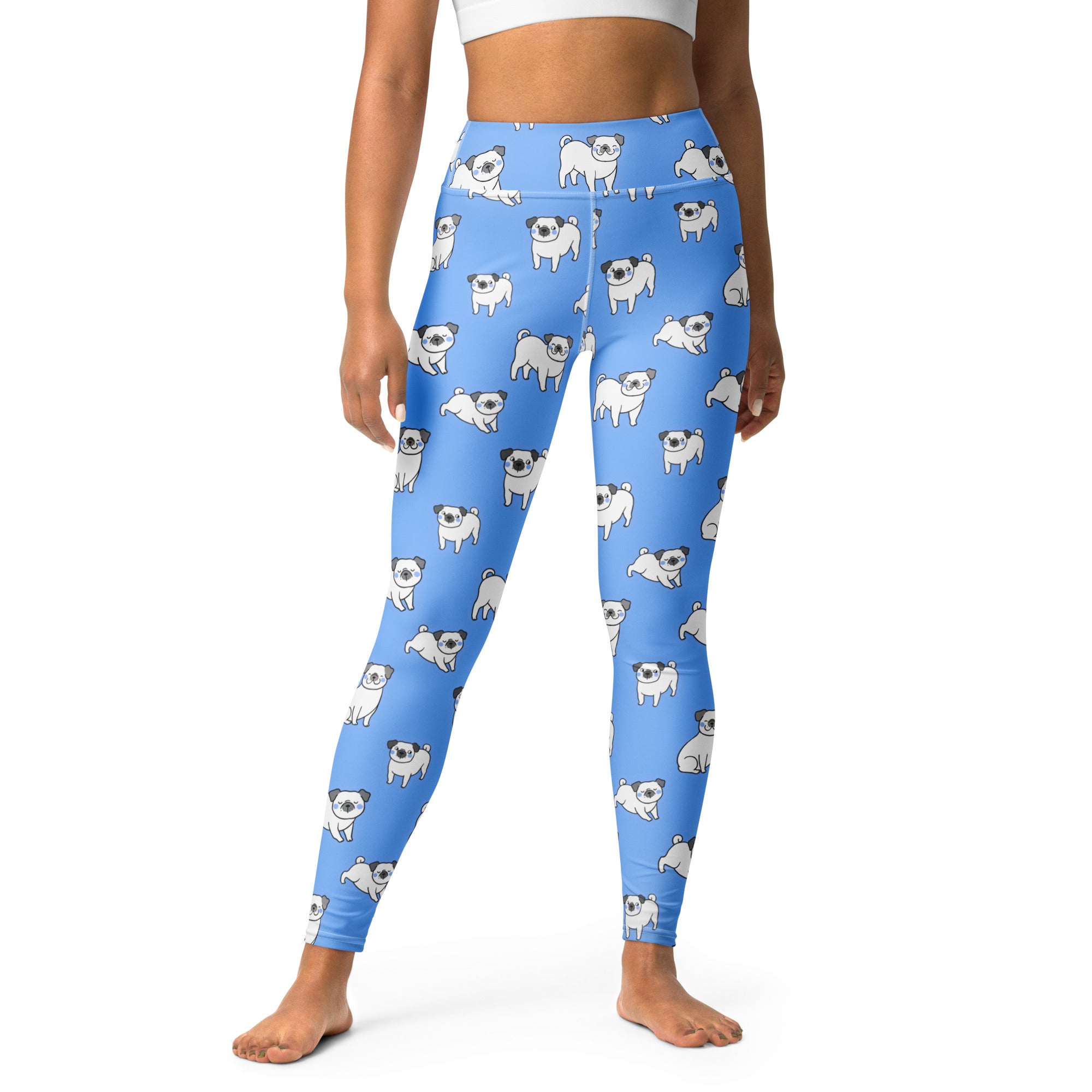Women’s blue high waisted buttery soft yoga leggings with a playful white pug pattern