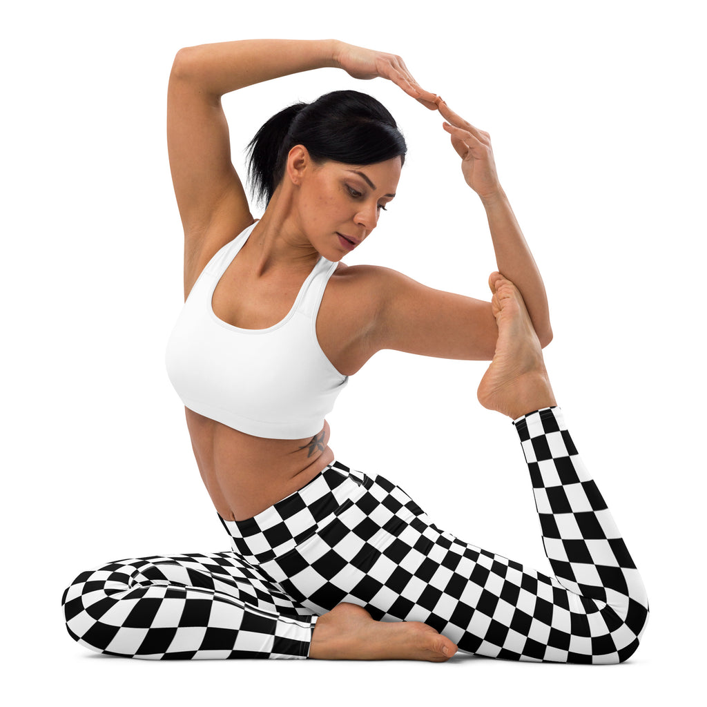Women’s checkerboard buttery soft yoga leggings in black and white checkered fitted stretchy material