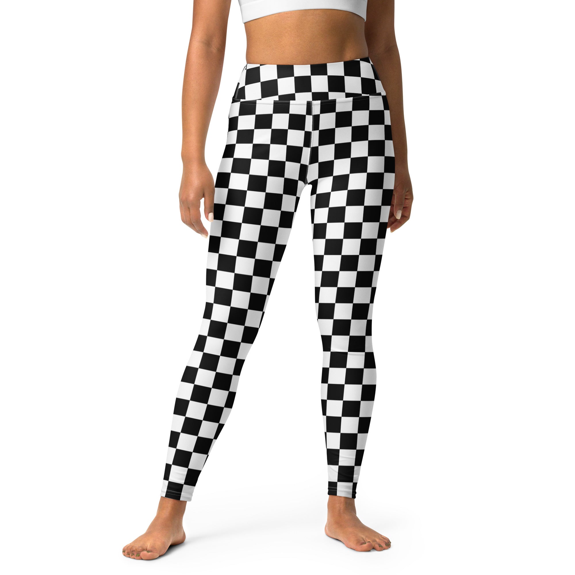 Women’s black and white checkered high-waisted buttery soft yoga leggings shown from the back side