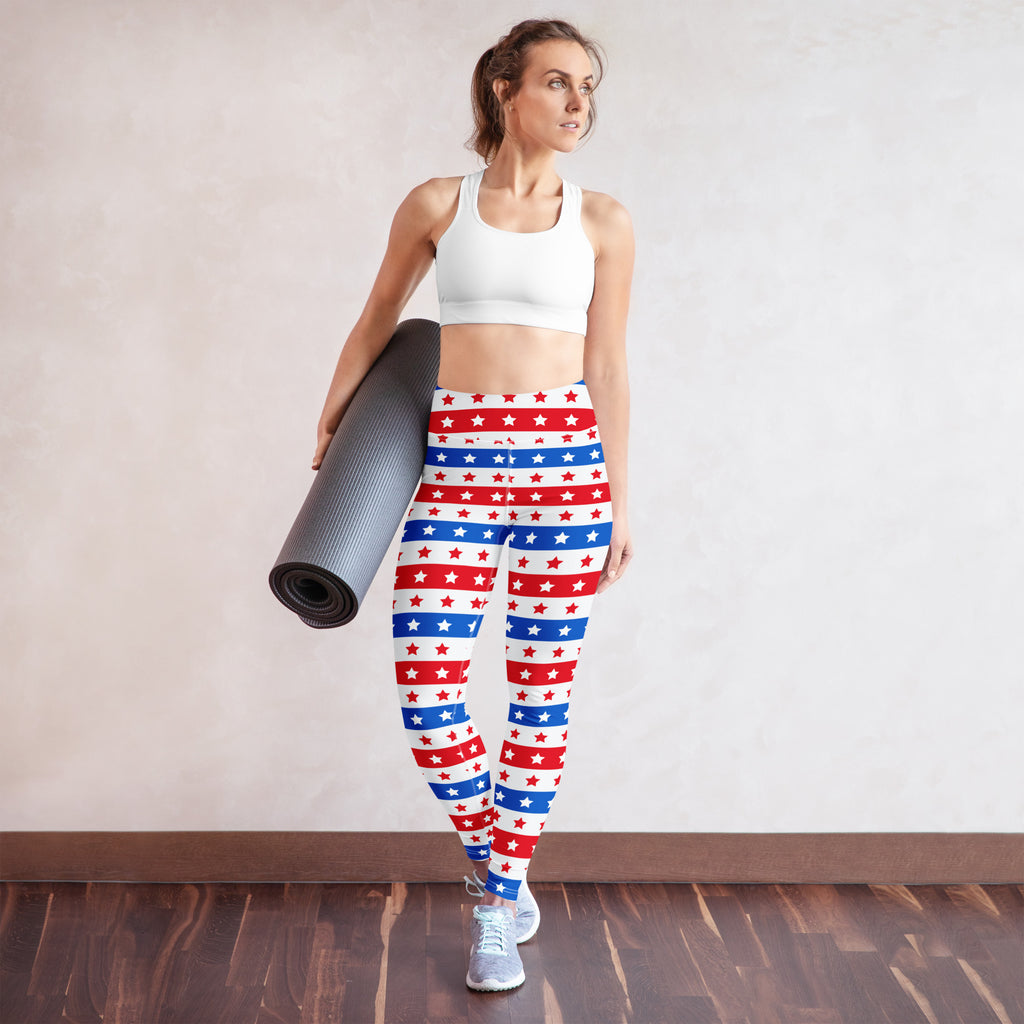 Women’s usa stars and stripes buttery soft yoga leggings with red white and blue striped star pattern