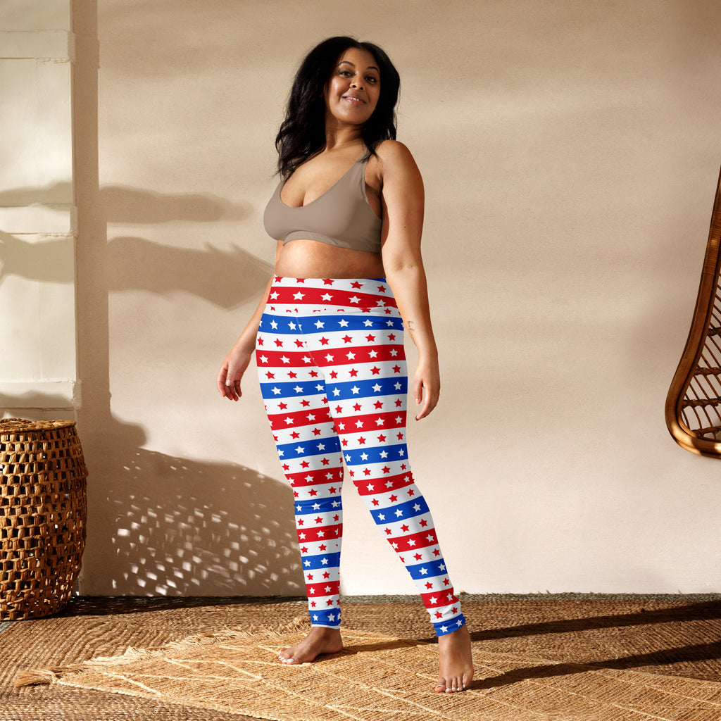 Women’s usa stars and stripes buttery soft yoga leggings in red white and blue striped stars pattern