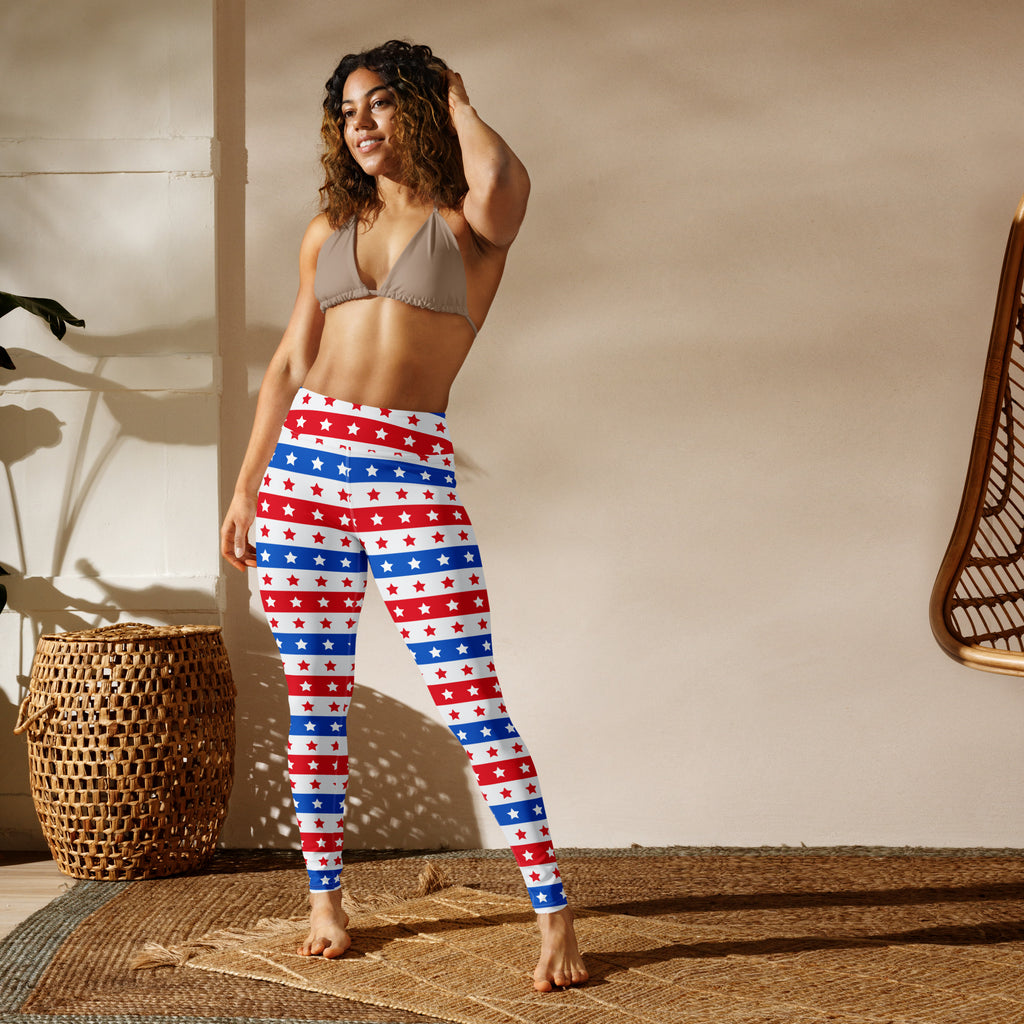 Women’s usa stars and stripes buttery soft high-waisted yoga leggings with red white and blue star pattern and stripes