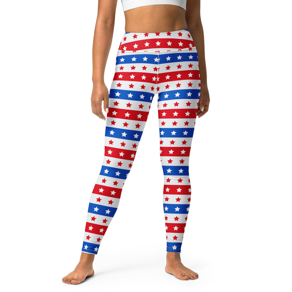 Women’s usa stars and stripes buttery soft yoga leggings in red white and blue striped design with stars