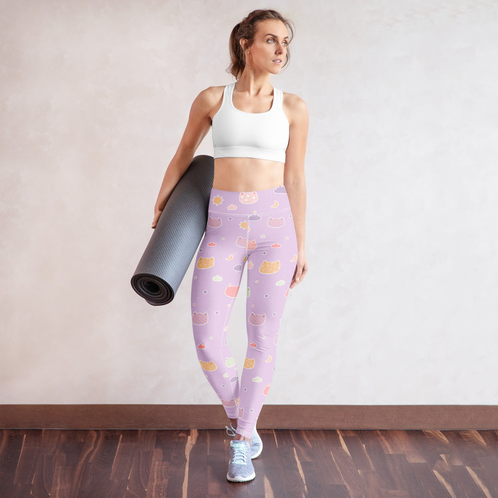 Women’s pastel purple kawaii cats and clouds buttery soft yoga leggings with playful pastel cat and cloud pattern